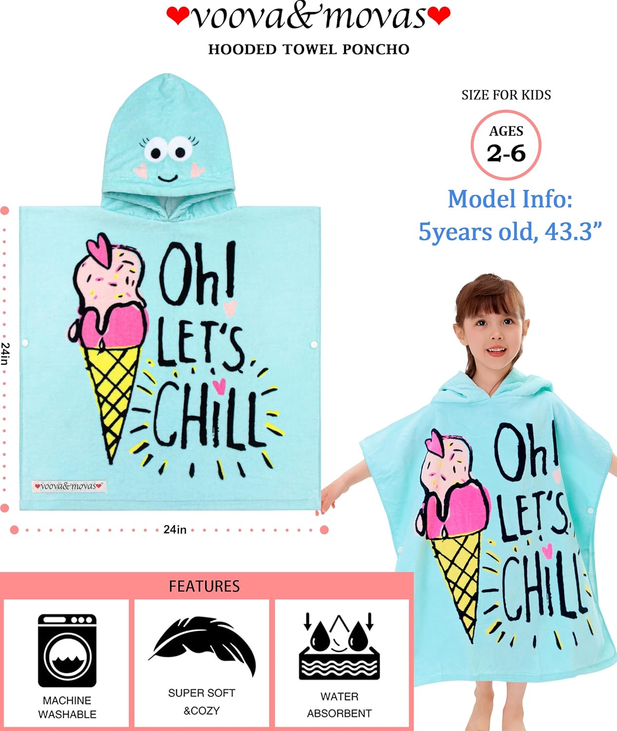 VOOVA & MOVAS Hooded Toddler Bath Towels (2-6Years,24"X48") Cotton Pool Poncho for Kids, Perfect for Swimming | Surfing | Camping | Bathing | Birthday Gifts, Ice Cream Theme