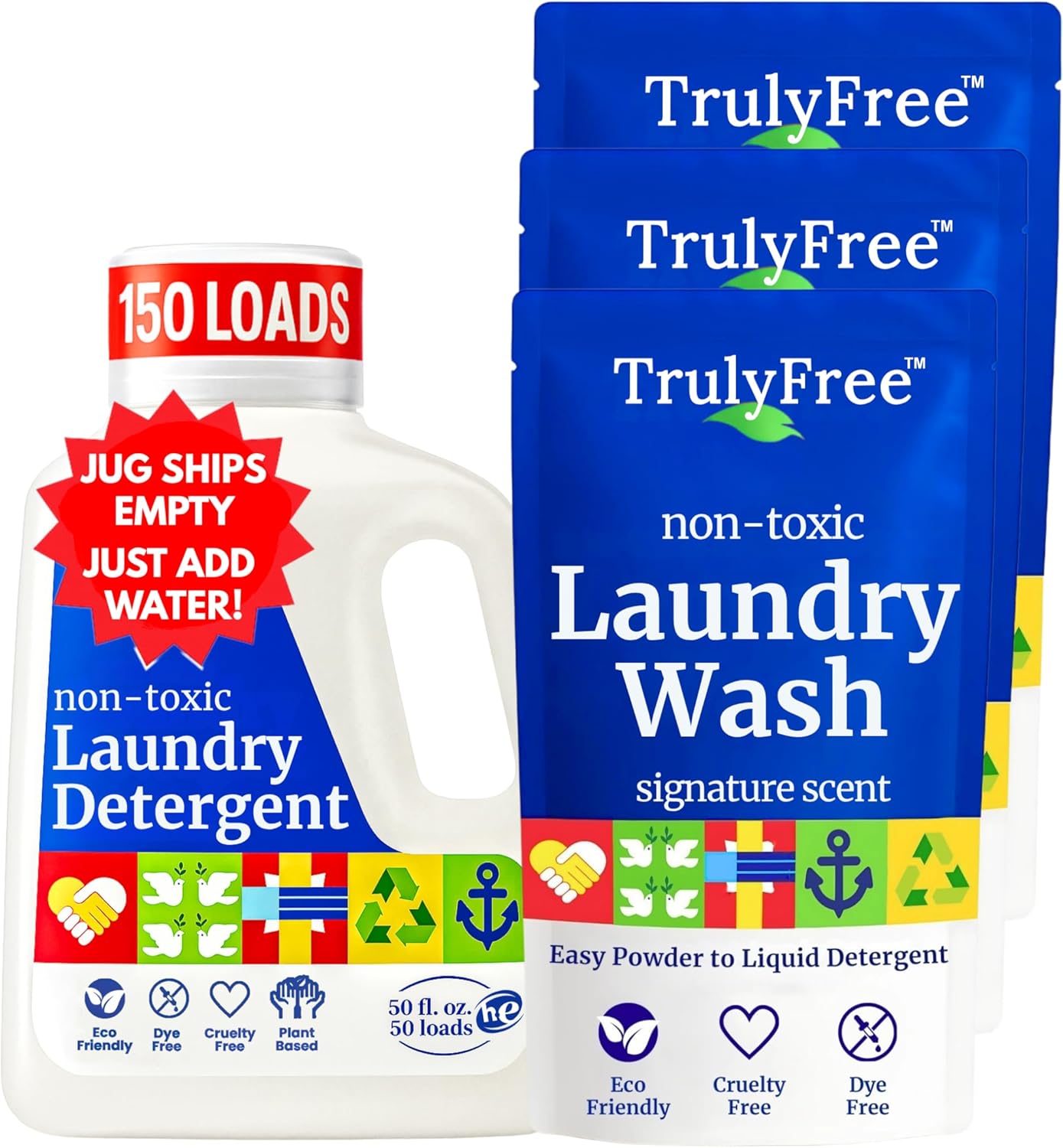 Truly Free Laundry Wash Detergent for Sensitive Skin, Gentle & Safe for Baby Clothes | Plant-Based, Natural Ingredients | Unscented | Include 1 Refillable Bottle (150 Loads)