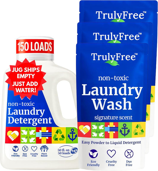 Truly Free Laundry Wash Detergent for Sensitive Skin, Gentle & Safe for Baby Clothes | Plant-Based, Natural Ingredients | Unscented | Include 1 Refillable Bottle (150 Loads)