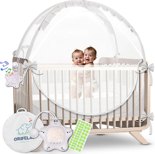 Baby Crib Tent - Toddler Bed Tent w/White Noise Machine, Wide Zipper Opening - Easy Setup Crib Cover w/Glow in The Dark Stickers & Custom Multi Color Light, Breathable Mesh Cribs Net (White)
