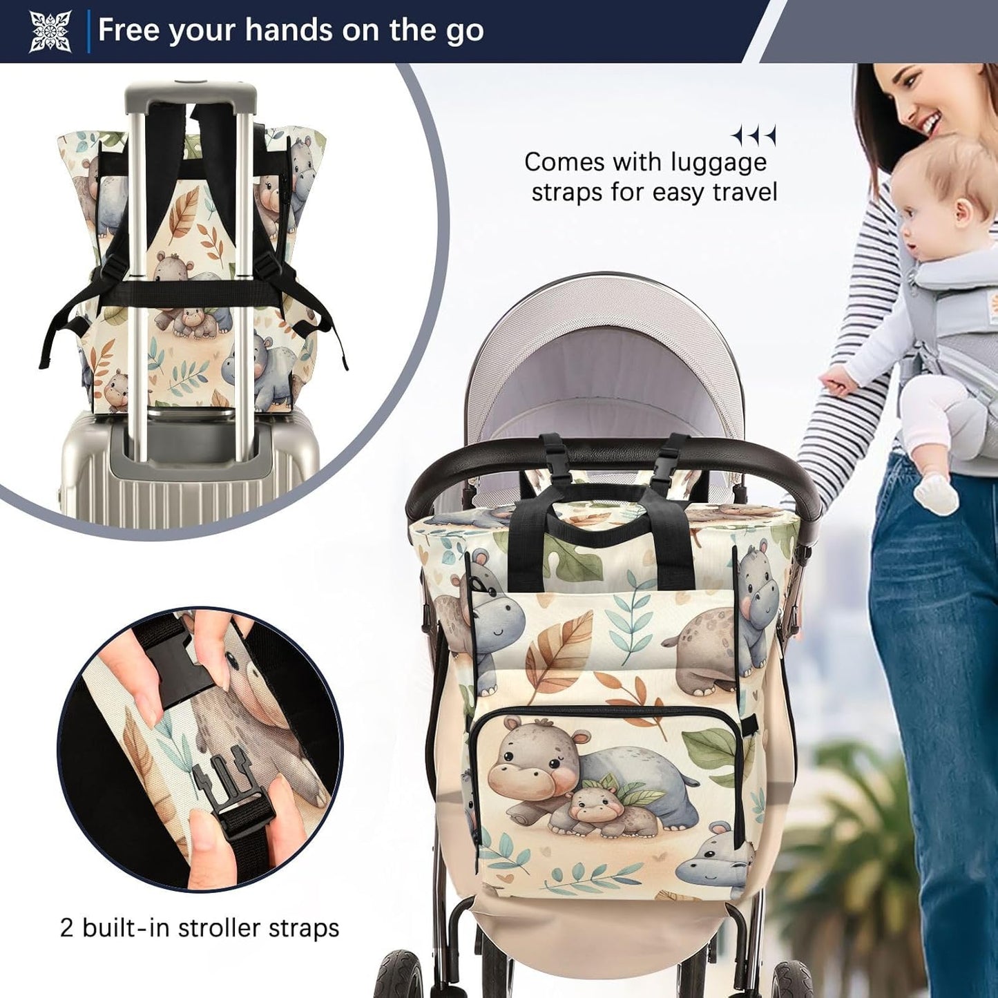 Cute Hippos Diaper Bag Backpack, Unisex Travel Baby Backpack Diaper Bags with Stroller Straps & Pacifier Case, Large Capacity Waterproof Diaper Backpack