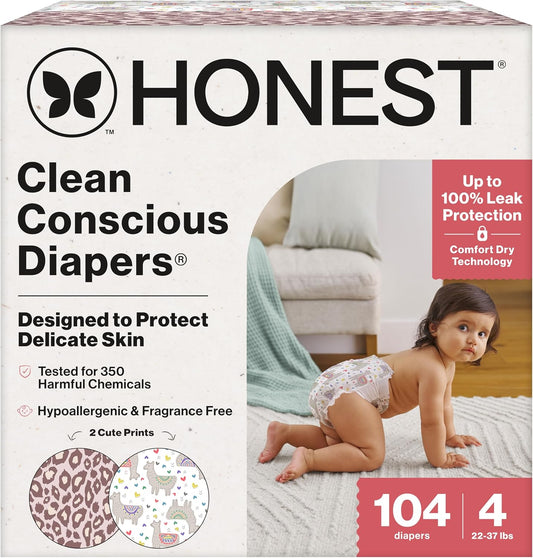The Honest Company Clean Conscious Diapers for Delicate Skin, Up to 100% Leakproof Hypoallergenic Fragrance-Free Baby Diapers, Girl Prints, Super Club Box, Size 4 (22–37 lbs), 104 Count (Prints Vary)