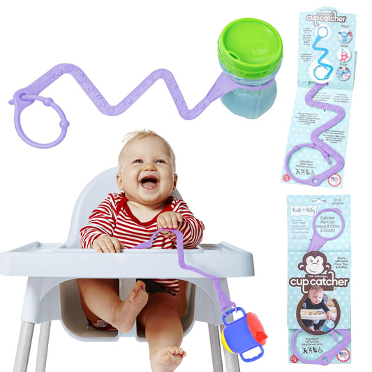 Brilli Baby Cup Catcher Patented Safety Tether Strap, Attach Sippy Cups, Bottles, Pacifiers & More to Stroller, High Chair, Car Seat, Made in USA, Food Grade, Dishwasher Safe (Lavender)