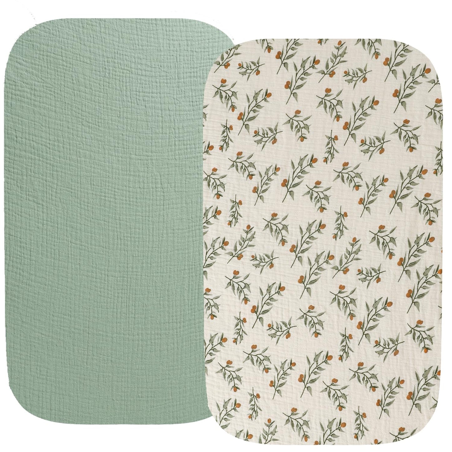 Muslin Bassinet Sheet Compatible with Mika Micky Bedside Sleeper 2 Pack Cotton Stylish Boho Fitted Bassinet Sheets Super Soft for Baby Roman Green & Botanical Leaf