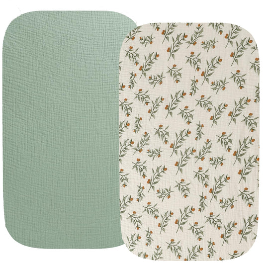 Muslin Bassinet Sheet Compatible with Hospital Bassinet, Simmons Kids by The Bed Twin City, Graco Pack n Play Close2Baby Bassinet(not playard), 2 Pack Cotton Fitted Roman Green & Botanical Leaf