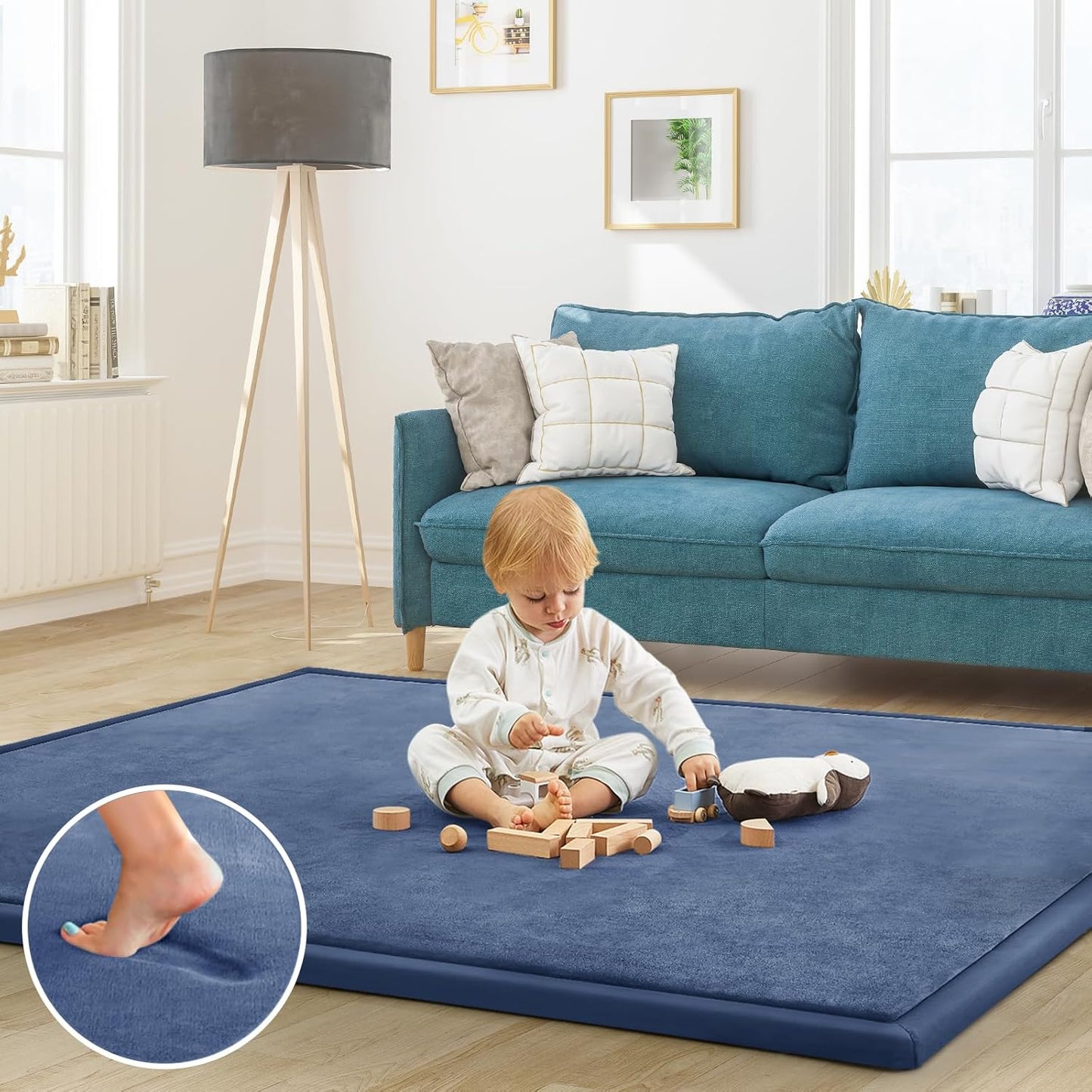 Baby Play Mat for Floor Tummy Time Mat Nursery Muscle Area Rug Playroom Rug Tatami 65"*50" Memory Foam 1.3" Thick Crawling For Babies,Toddlers, Infants, Kids,Floor(Blue)