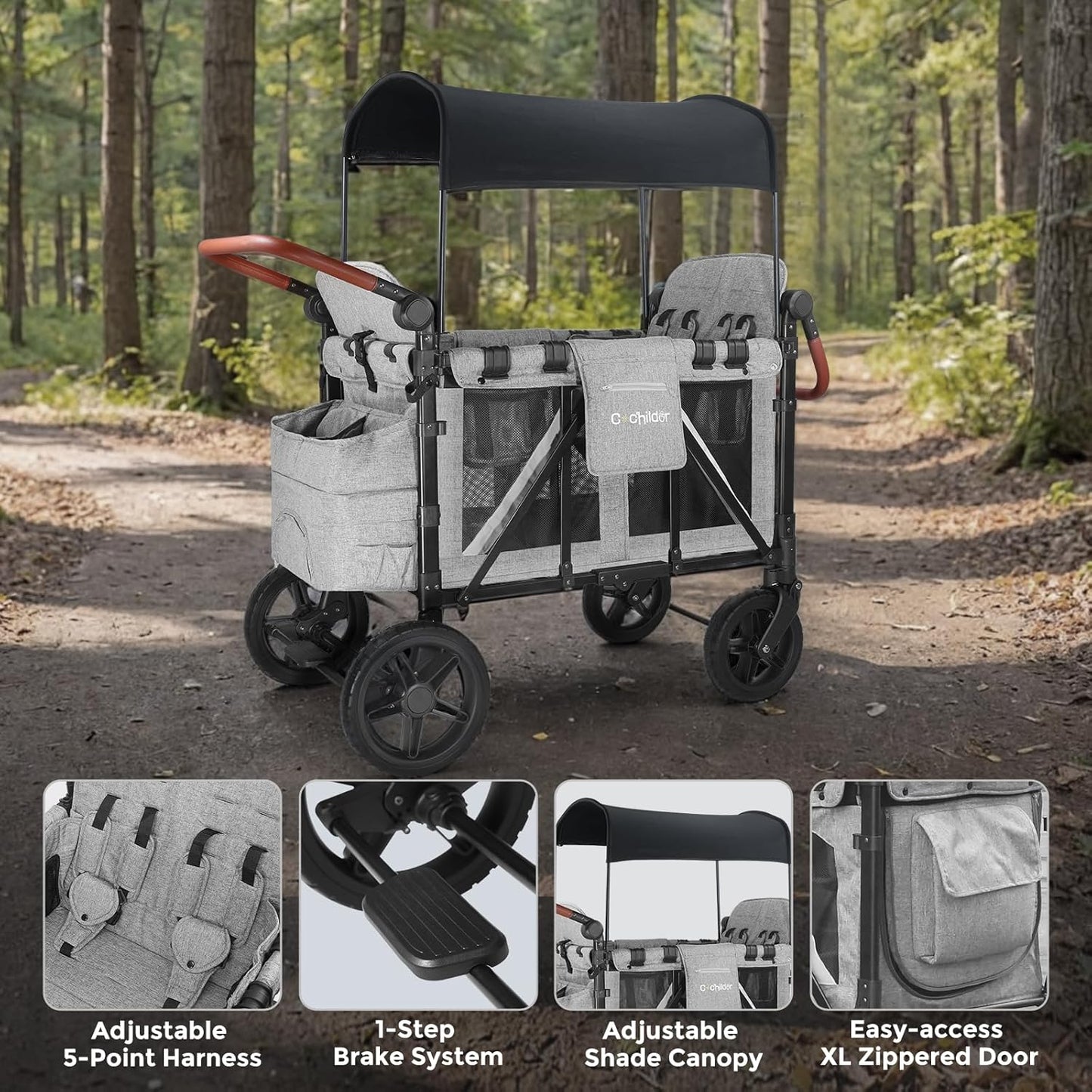 Premium 4-Seater Wagon Stroller for Kids, All-Terrain Heavy Duty Stroller Wagon with 300lb Capacity, 1-Hand Fold, High Seats with 5-Point Harness, Adjustable Canopy & Handlebars, Light Gray