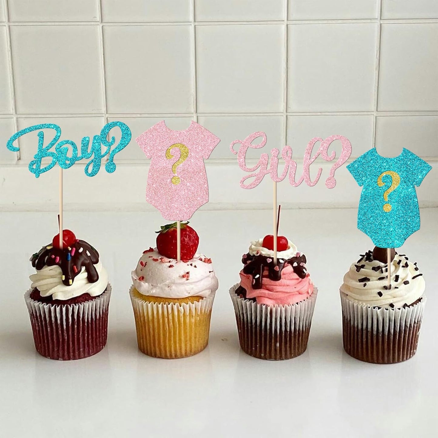 Rsstarxi 24 Pack Gender Reveal Cupcake Toppers Glitter Boy or Girl Cupcake Toppers Pink or Blue Baby Shower Cupcake Picks Decors for Gender Reveal Baby Shower Party Cake Decorations