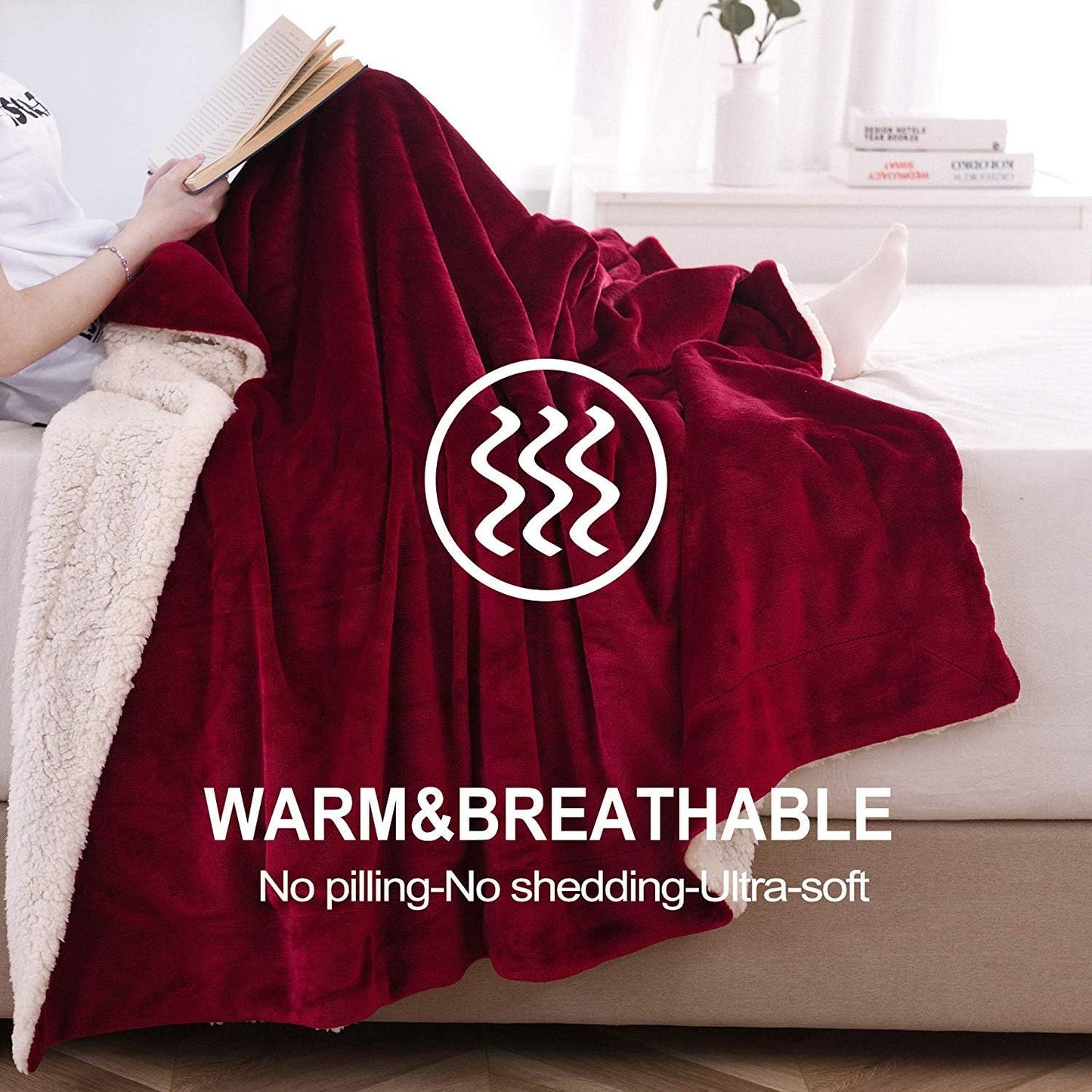 NANPIPER Sherpa Blanket Warm Blankets Super Soft Fuzzy Flannel Fleece/Wool Like Reversible Velvet Plush Couch Blanket Lightweight(Wine Red Throw Size 50"x60")