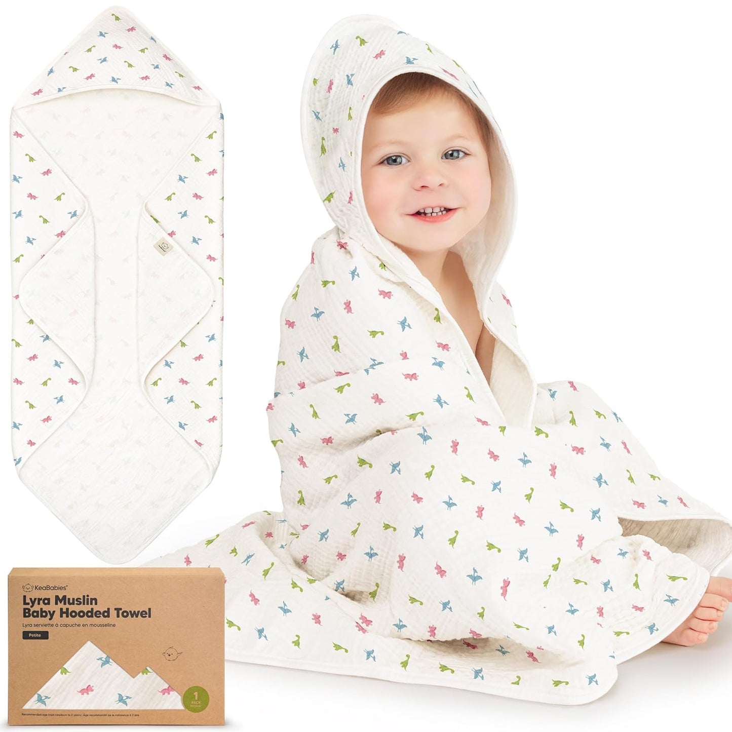 KeaBabies Muslin Baby Bath Towels with Hood for Girls, Boys -Large Organic Cotton Hooded Baby Towels for Newborns,Toddlers,Infant,Kids,Soft Absorbent Newborn Bath Essentials Gift Set(Roarsome, Petite)