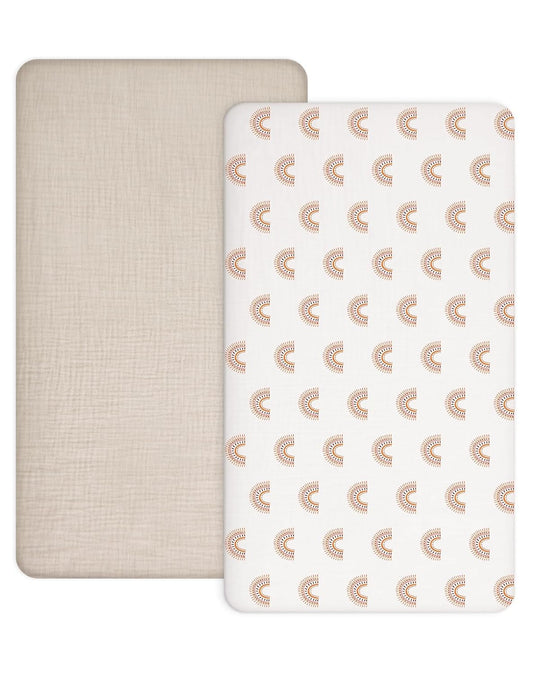Crib Sheets for Baby Boy Girl 2 Pack, Fitted Crib Mattress Sheet 28" x 52", Muslin Toddler Bedding with Neutral Style, Nursery Bedding Essentials (Beige & Rainbow)