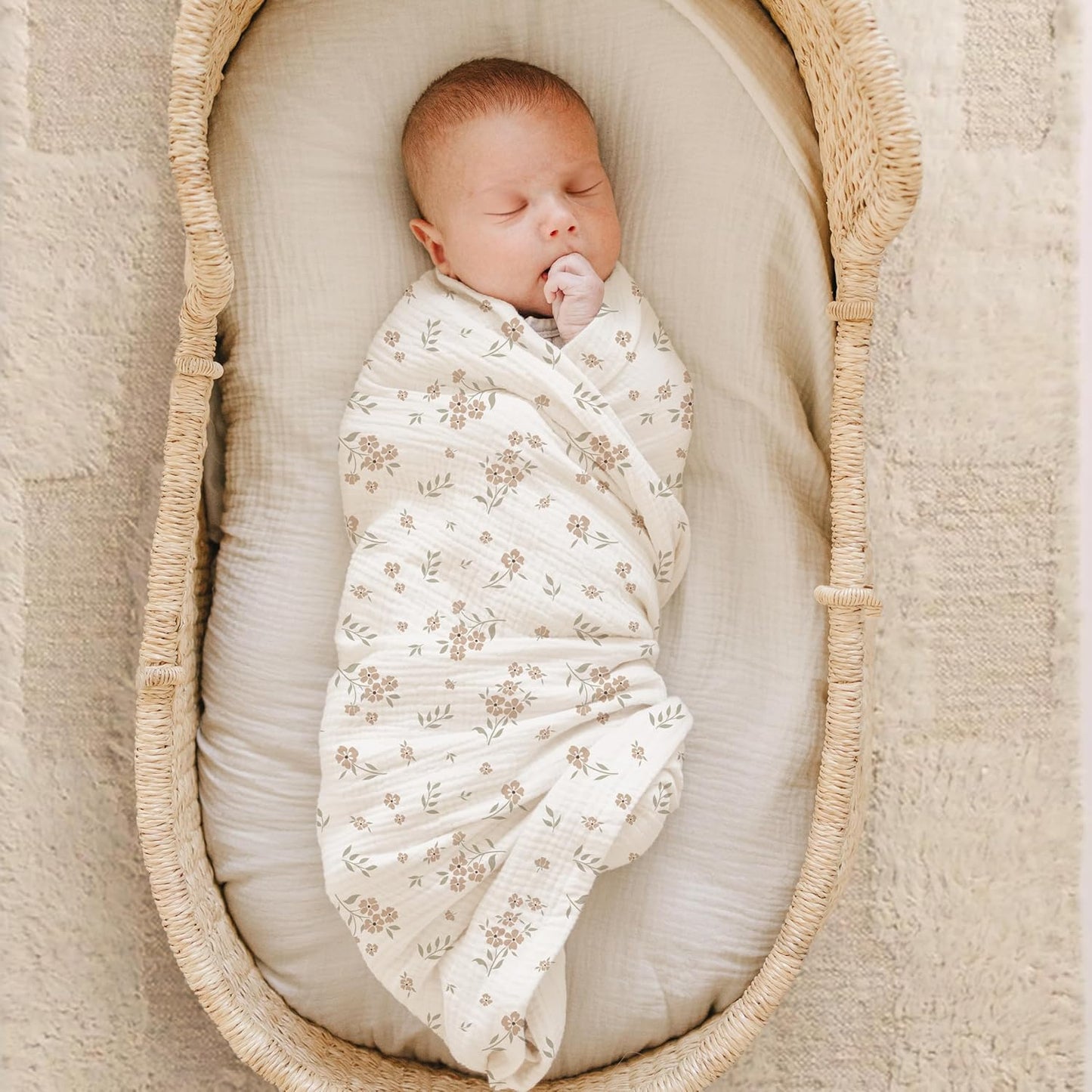 Konssy Muslin Swaddle Blankets for Boys Girls, 2 Pack Receiving Baby Blanket Large 47 x 47 inches, Soft Breathable Swaddling Wrap for Unisex Newborn (Blossom,Cream)