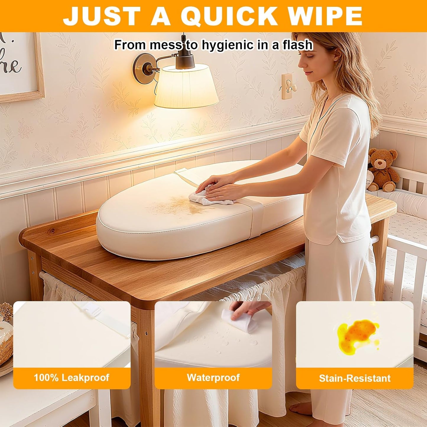 Baby Diaper Changing Pad, Wipeable Baby Changing Pad for Dresser, Contoured Waterproof Changing Pad with PU Cover, Non-Slip Safety Belt & Bottom, Portable, Lightweight