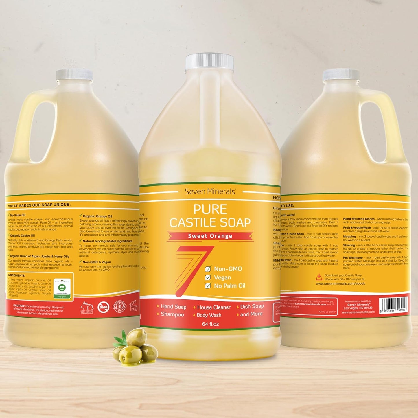 Seven Minerals Pure Castile Soap, Sweet Orange 64oz - No Palm Oil, GMO-Free - Gentle Liquid Soap For Sensitive Skin & Baby Wash - All Natural Vegan Formula with Organic Carrier Oils