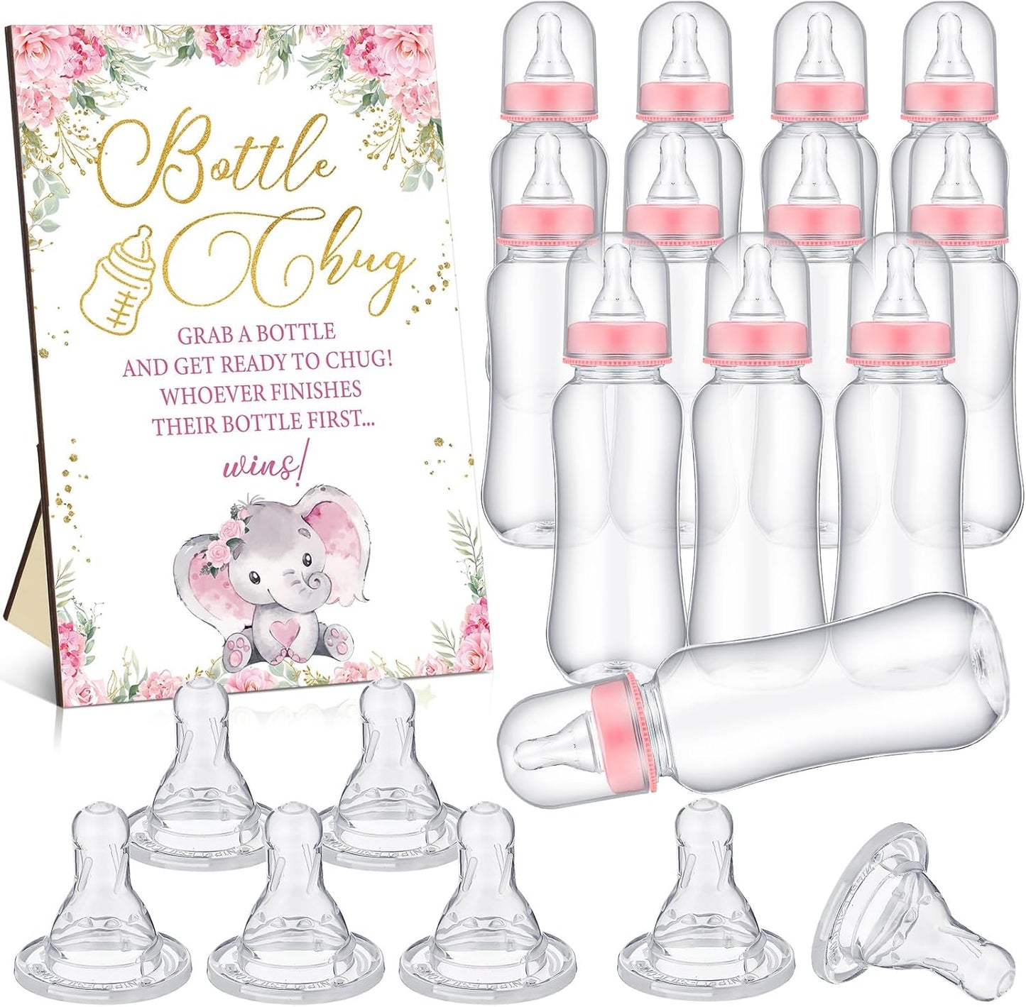 TrelaCo Cool Baby Shower Games Wooden Bottle Chug Sign Rustic Theme Gift Sets and 12 Pcs Baby Bottle Shower Favor for Rustic Kraft Games Gender Reveal (Pink Elephant)