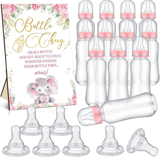 TrelaCo Cool Baby Shower Games Wooden Bottle Chug Sign Rustic Theme Gift Sets and 12 Pcs Baby Bottle Shower Favor for Rustic Kraft Games Gender Reveal (Pink Elephant)
