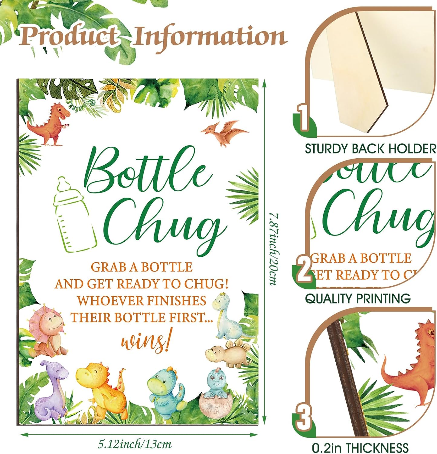 TrelaCo Dinosaur Cool Baby Shower Games Bottle Chug Sign Wooden Green Leaf Gift Sets Gender Reveal Party Favors and 12 Pcs Baby Bottle Shower Favor for Game Gender Reveal