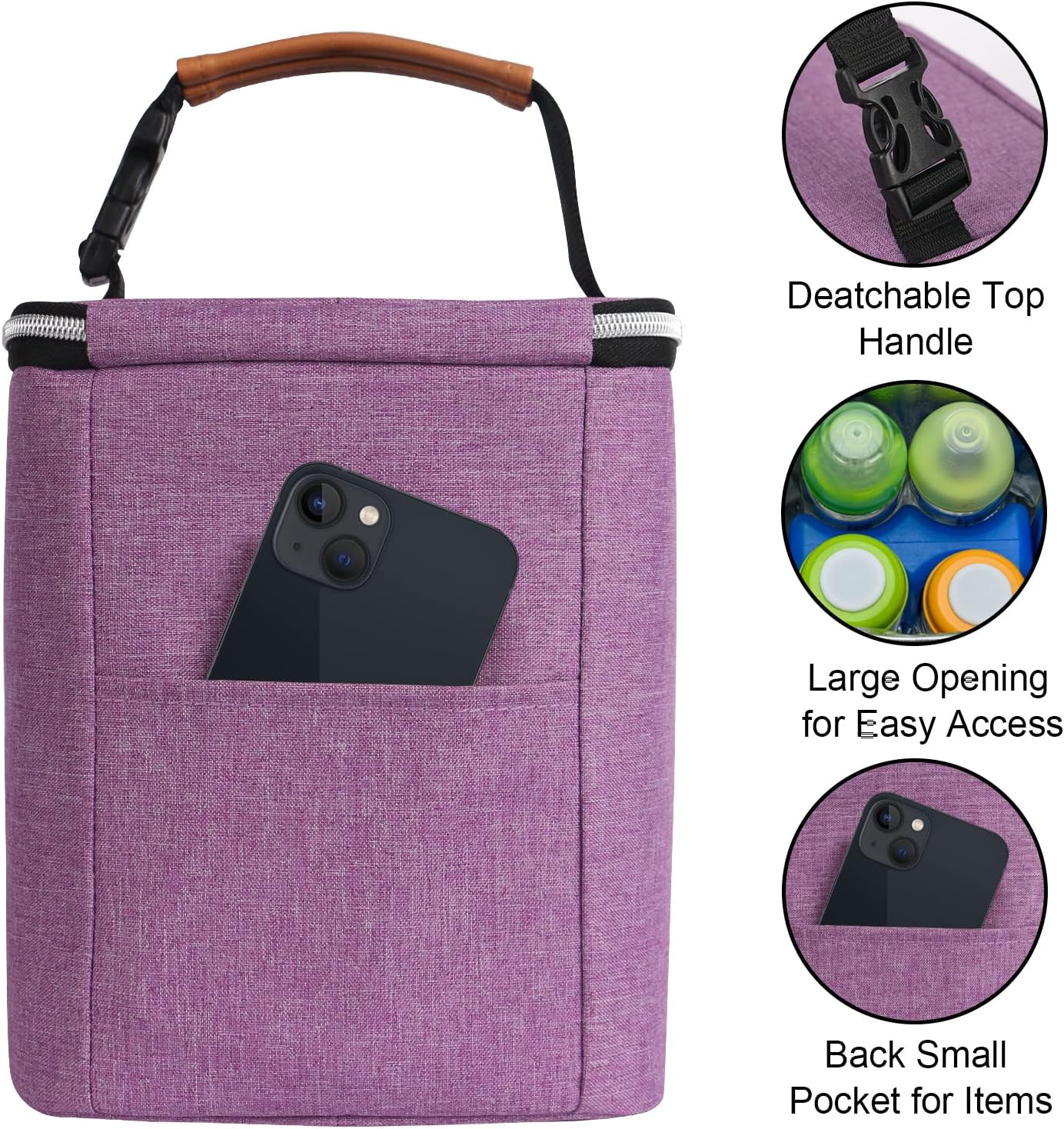 Breast Milk Cooler Bag with Ice Pack Fits 4 Baby Bottles Up to 9 Ounce, Baby Bottle Bag Great for Nursing Mom Daycare, Purple