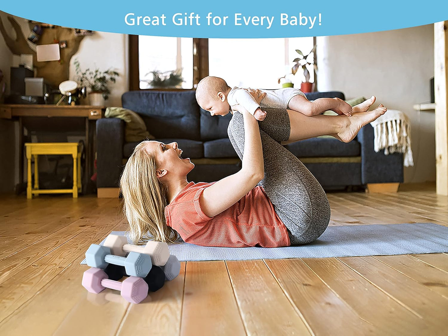 Giftty Baby Dumbbell Infant Rattle Silicone Teething Toy Teether Infants Toddler Sensory Toy Exercises Weight - Made of 100% Food-Grade Silicone, Safe for Baby Boys and Girls (1pcs 4.8oz - Blue)