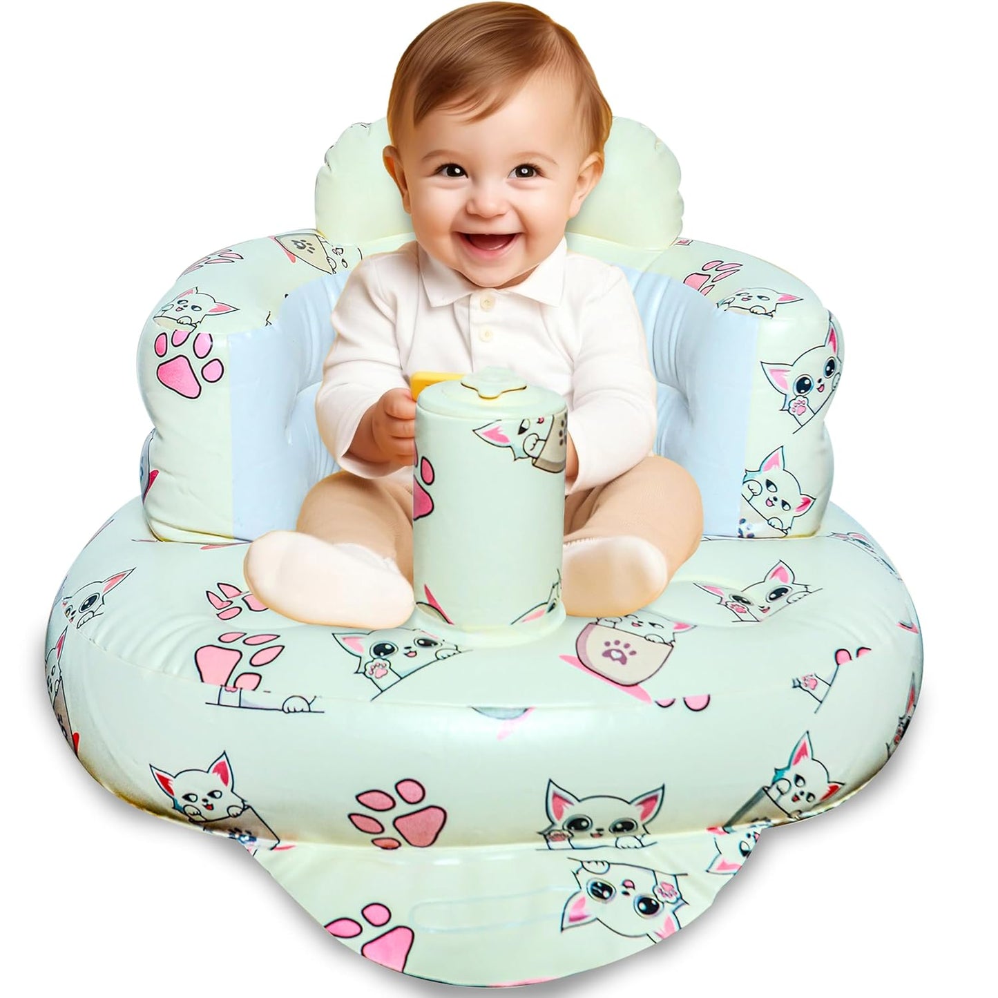 Inflatable Baby Seat for Babies 3-36 Months Blow Up Chair for Babies Infants Toddler Floor Sitting Up with Built in Air Pump (White, Cat)