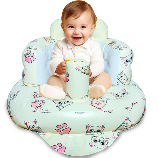 Inflatable Baby Seat for Babies 3-36 Months Blow Up Chair for Babies Infants Toddler Floor Sitting Up with Built in Air Pump (White, Cat)