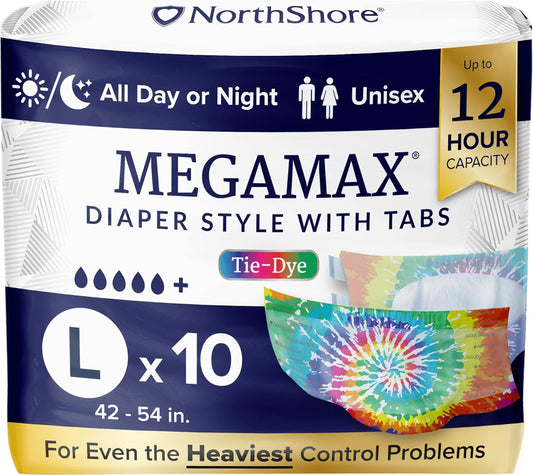 NorthShore MegaMax Adult Overnight Diapers, 12-Hour Tab-Style, Large, 10 Count Bag, Tie-Dye, 42-54 inches, Unisex Incontinence Underwear