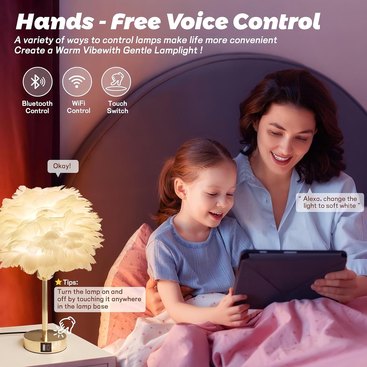 Smart Touch Control Bedside Table Feather Lamp Night Light with USB Charging for Girl, Baby, Alexa Voice Compatible, 9W 800LM Dimmable RGB Color Changing Lamp for Bedroom Nursery Desk Decor