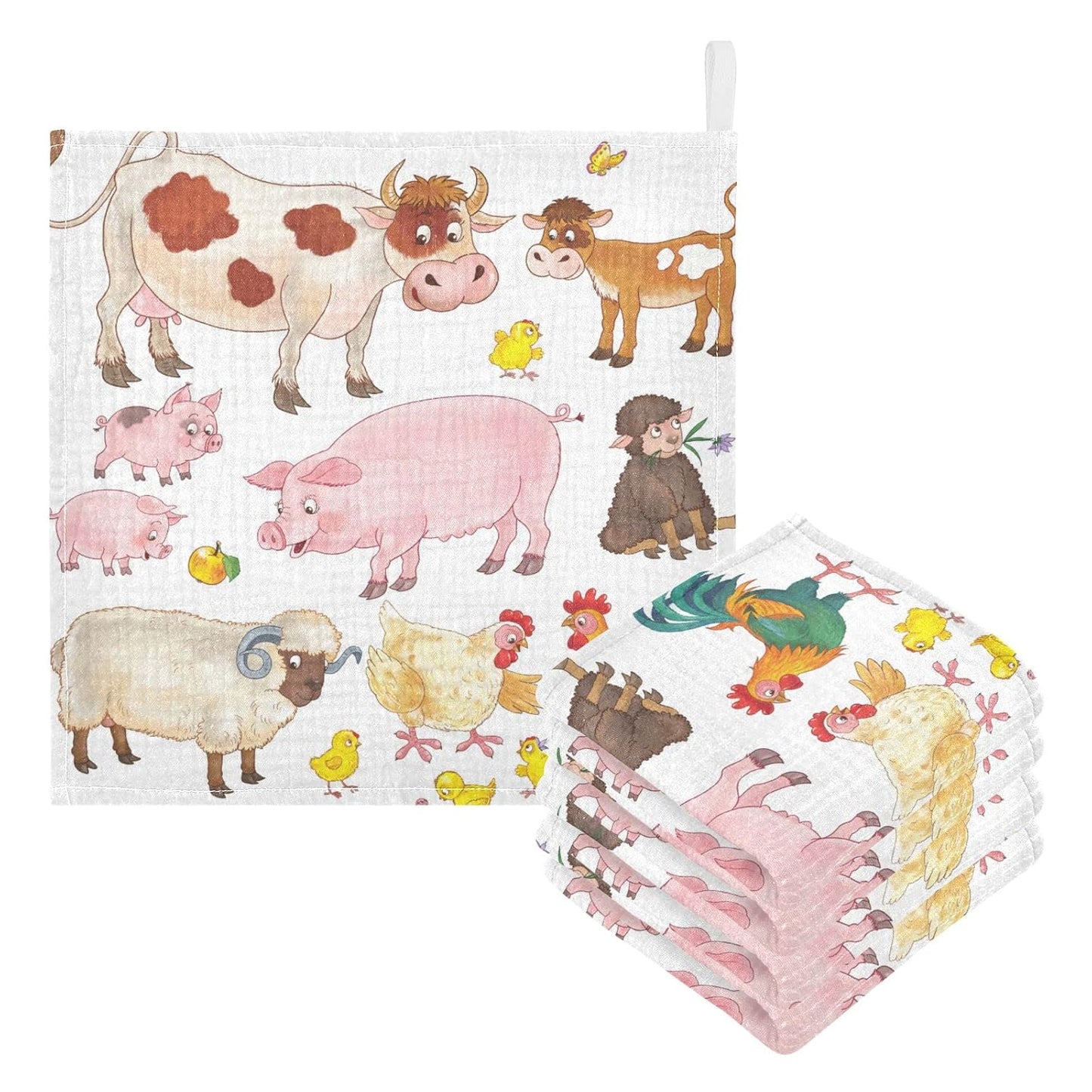 Cow Pig Sheep Chick Baby Muslin Washcloths Farmhouse Animals Burp Cloths Soft Absorbent Baby Wash Cloth Fingertip Face Towels for Newborn Boys Girls 12 x 12 in, 5 Pack