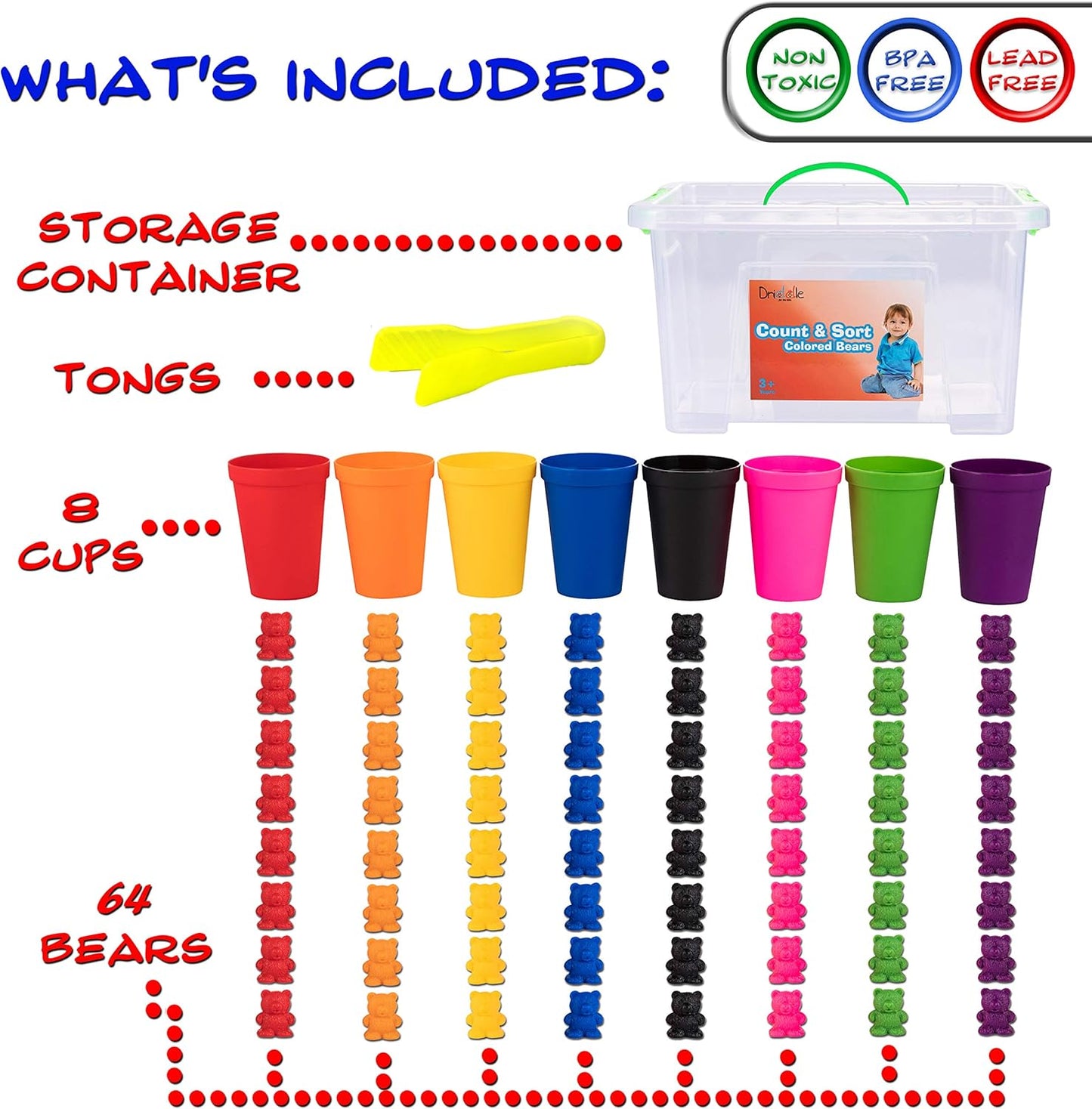 Colorful Counting Bears with Matching Cups - 80 Bears - Sort, Count & Color Recognition Learning Toy for Toddler & Kids - Montessori Education - Preschool Game