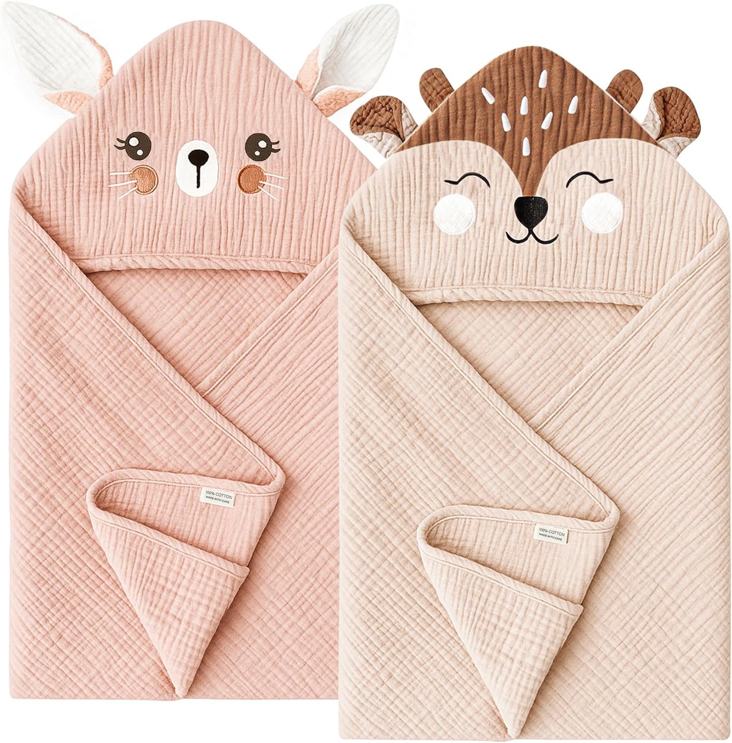 Konssy 2-Pack Muslin Baby Hooded Towels, 100% Cotton, Soft and Absorbent Baby Bath Towels for Newborn, Infant & Toddler with Animal Hooded Design(Bunny & Deer)