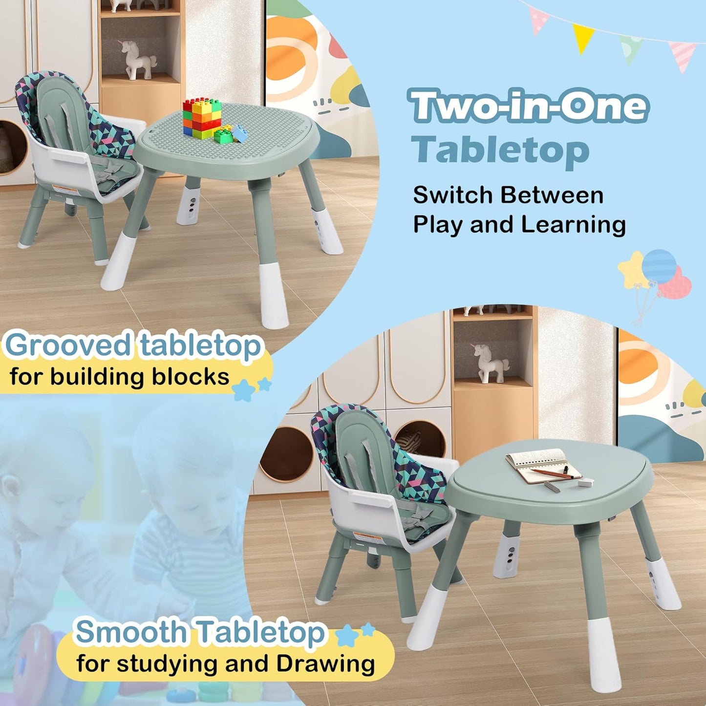 Xilingol 15-in-1 Convertible High Chair, 2-in-1 Baby Highchair & Activity Center W/Toys, Booster Seat | Building Block Table | Toddler Chair W/Removable Tray & 5-Point Harness & 2-Layer Cushion(Green)