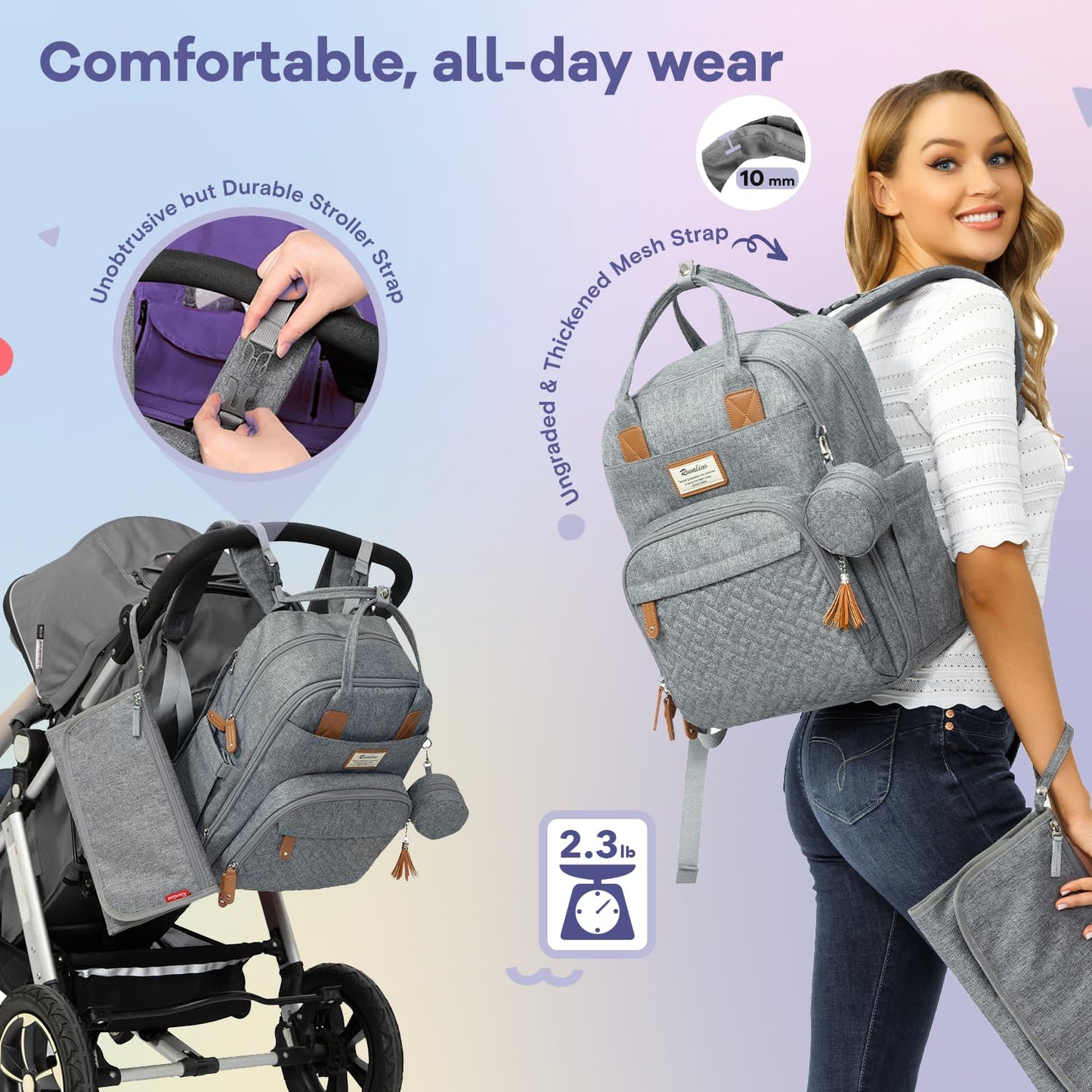RUVALINO Diaper Bag Backpack, Multifunction Travel Pack Maternity Baby Changing Bags, Large Capacity, Waterproof, Gray