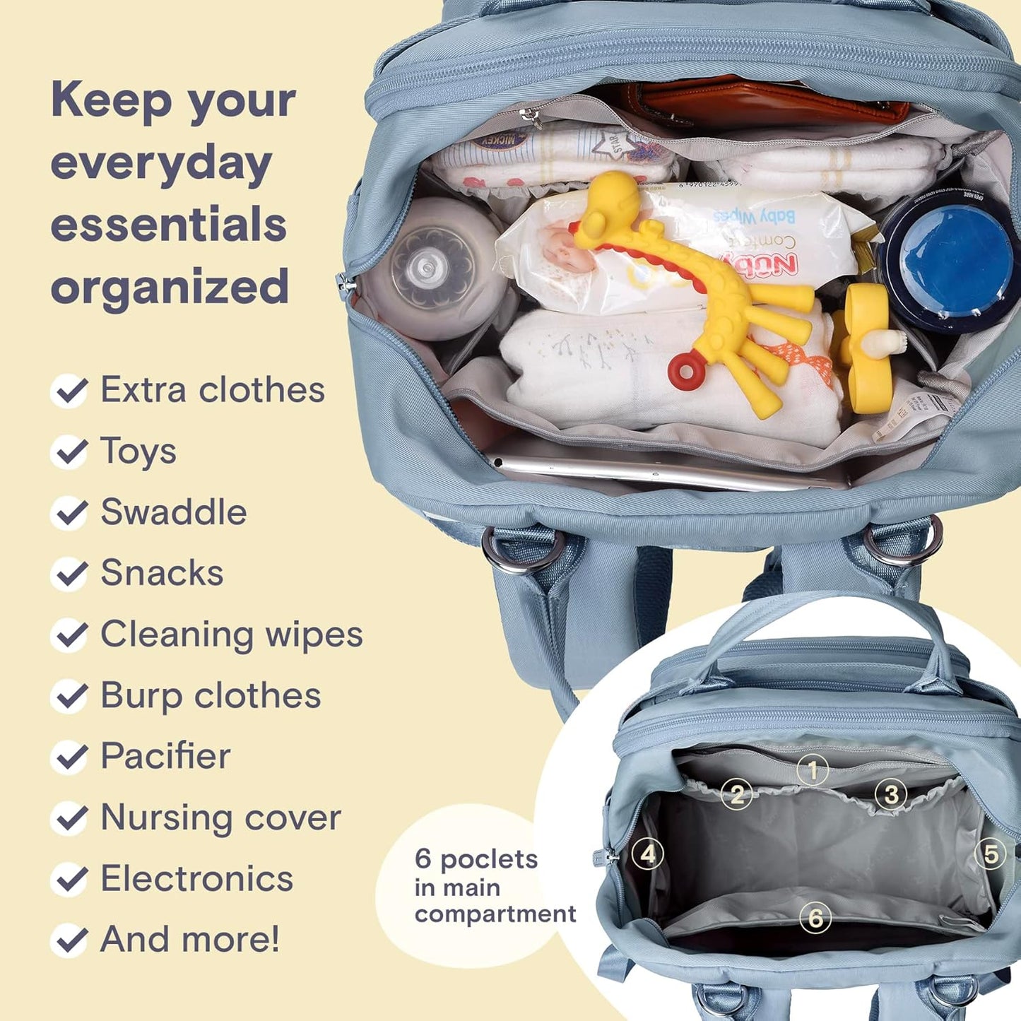 RUVALINO Diaper Bag Backpack-Multifunction Baby Travel Bag with Changing pad, Insulated Bottle Holders & Pacifier Case, Large Capacity, Waterproof, Sky Blue