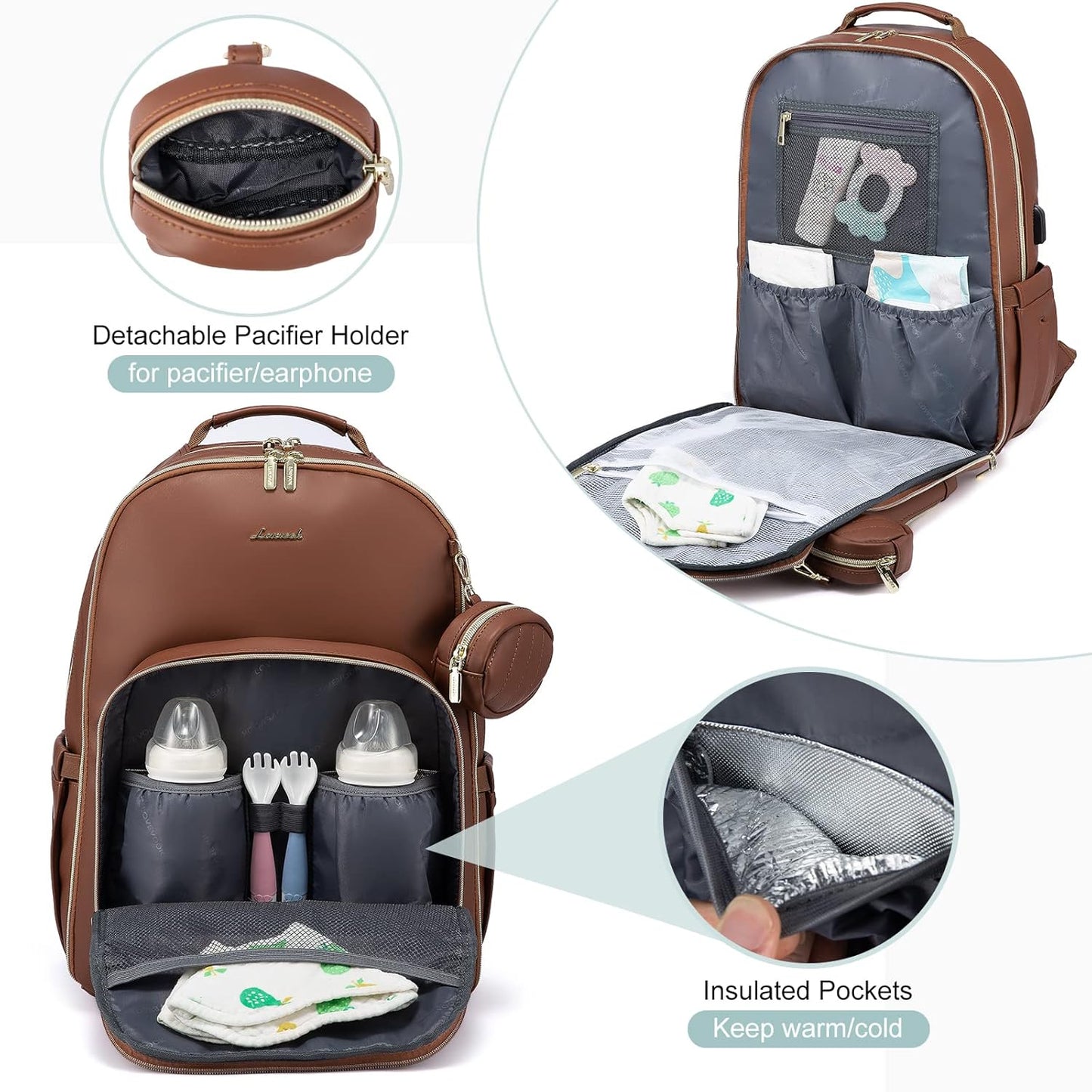 LOVEVOOK Leather Diaper Bag Backpack, Quilted Baby Bag with Changing Pad & Pacifier Holder, Waterproof Travel Diaper Bags for Baby Boys Girls, Stylish and Large Capacity, Brown