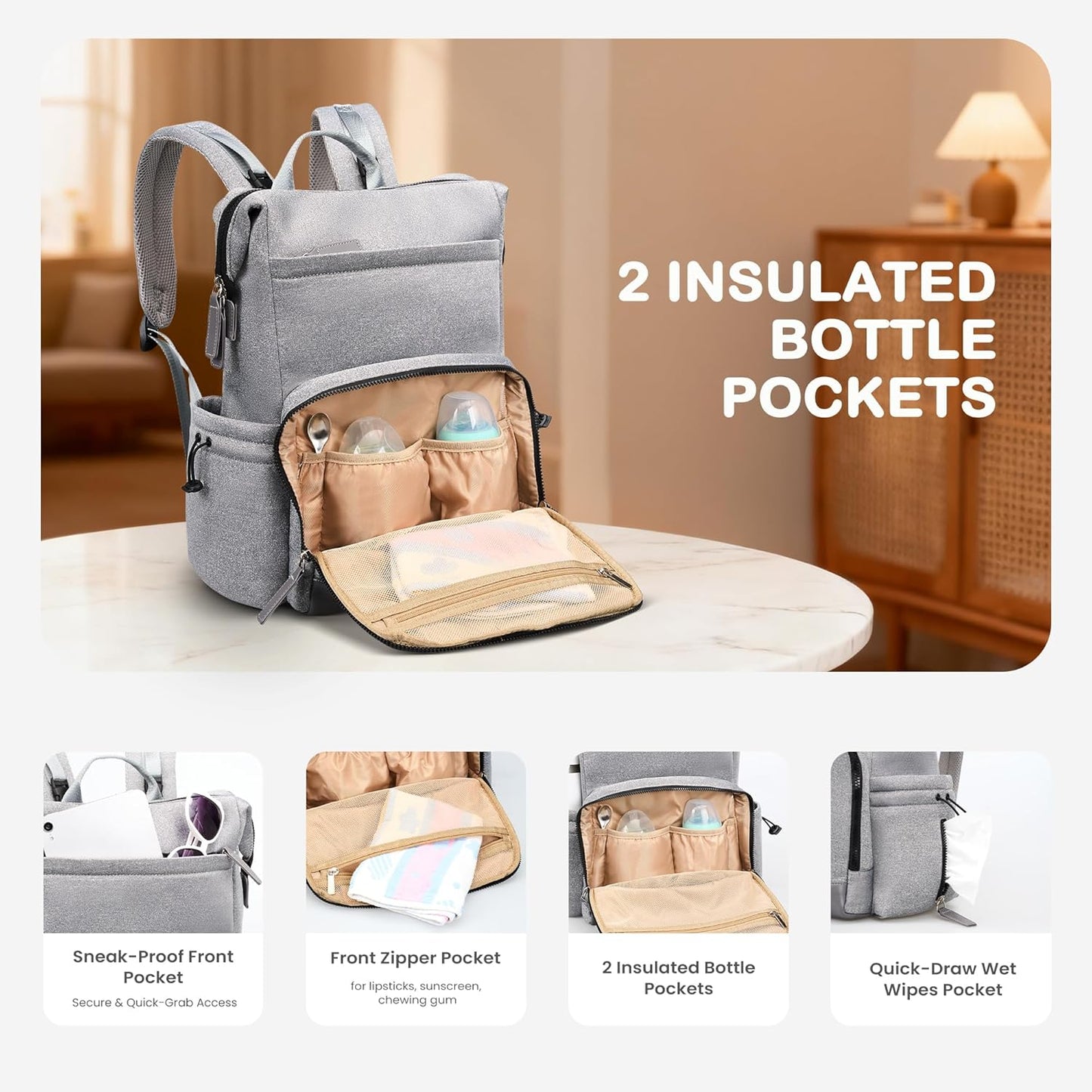 VONAL Neoprene Diaper Bag Backpack with Changing Pad, 33L Large Capacity Neoprene Backpack Baby Diaper Bag with Insulated Pockets, Travel Diaper Backpack Baby with 12 Pockets for Mom & Dad, Gray