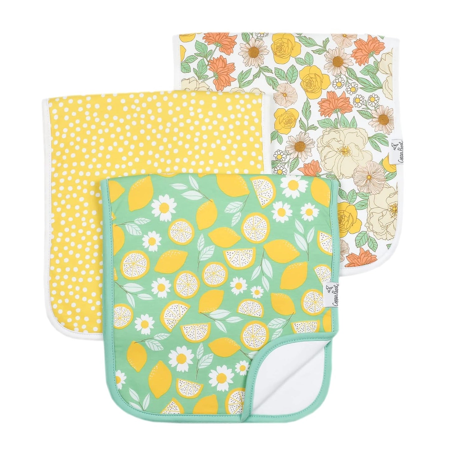 Copper Pearl Premium Baby Burp Cloths - 3-Pack Large Cotton Burp Cloths, Extra Soft Spit Up Rags with 3 Absorbent Layers, Perfect for Baby Girl Gifts (21" x 10" Size, Lemon Set)