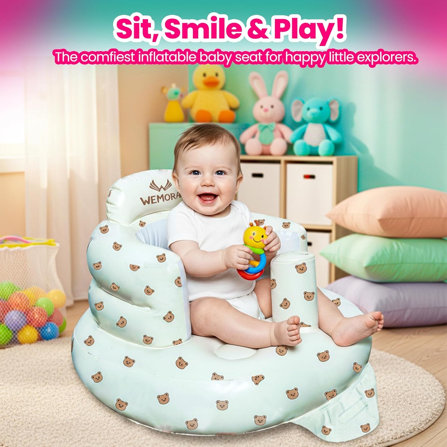 Inflatable Baby Seat for Babies 3-36 Months Blow Up Chair for Babies Infants Toddler Floor Sitting Up with Built in Air Pump (White, Bear Head)