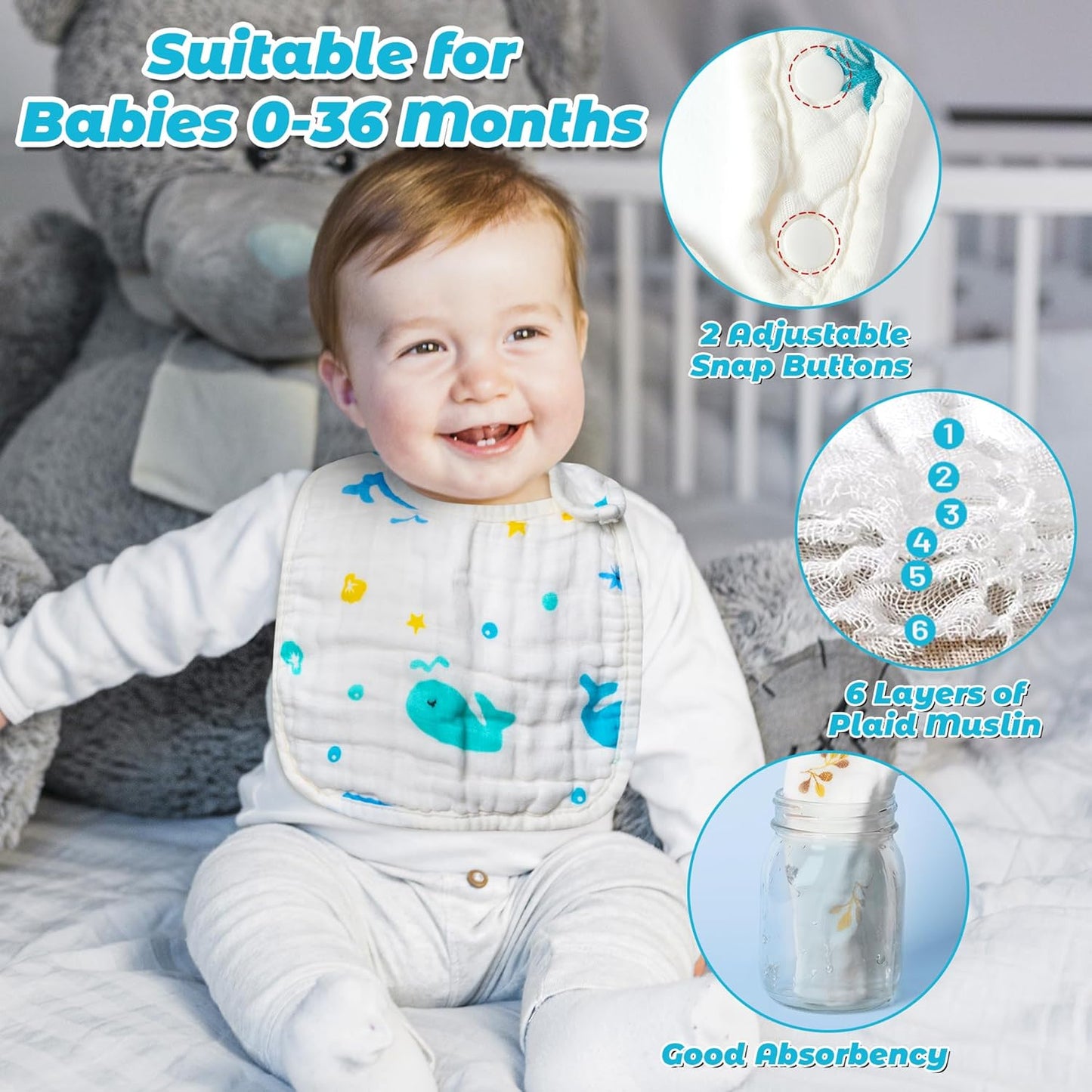 Zainpe 20Pcs Snap Muslin Cotton Baby Bibs Soft Absorbent Adjustable Burp Cloths for Newborns Drooling Feeding Teething Eating