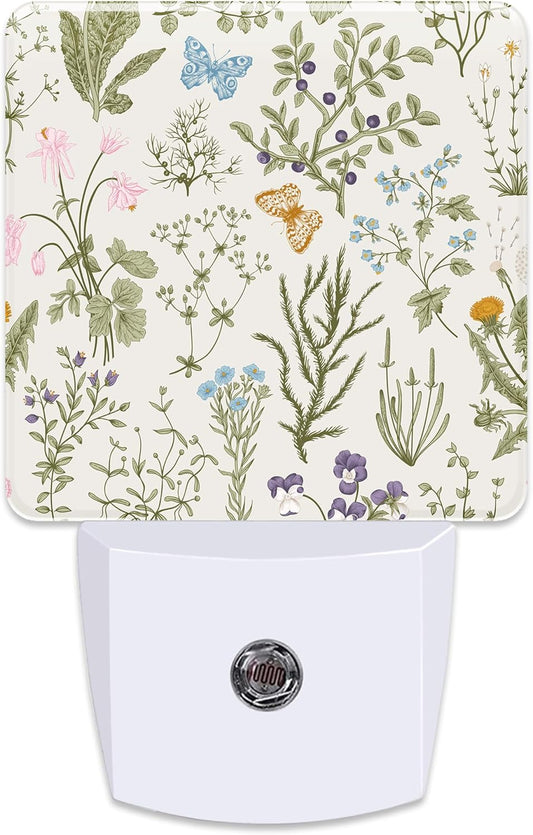 Herbs and Wild Flowers Botanical Plug in Night Light with Auto Dusk to Dawn Sensor,Warm Night Lights for Boys Girls Bedroom Bathroom Hallway Kids Room Gifts