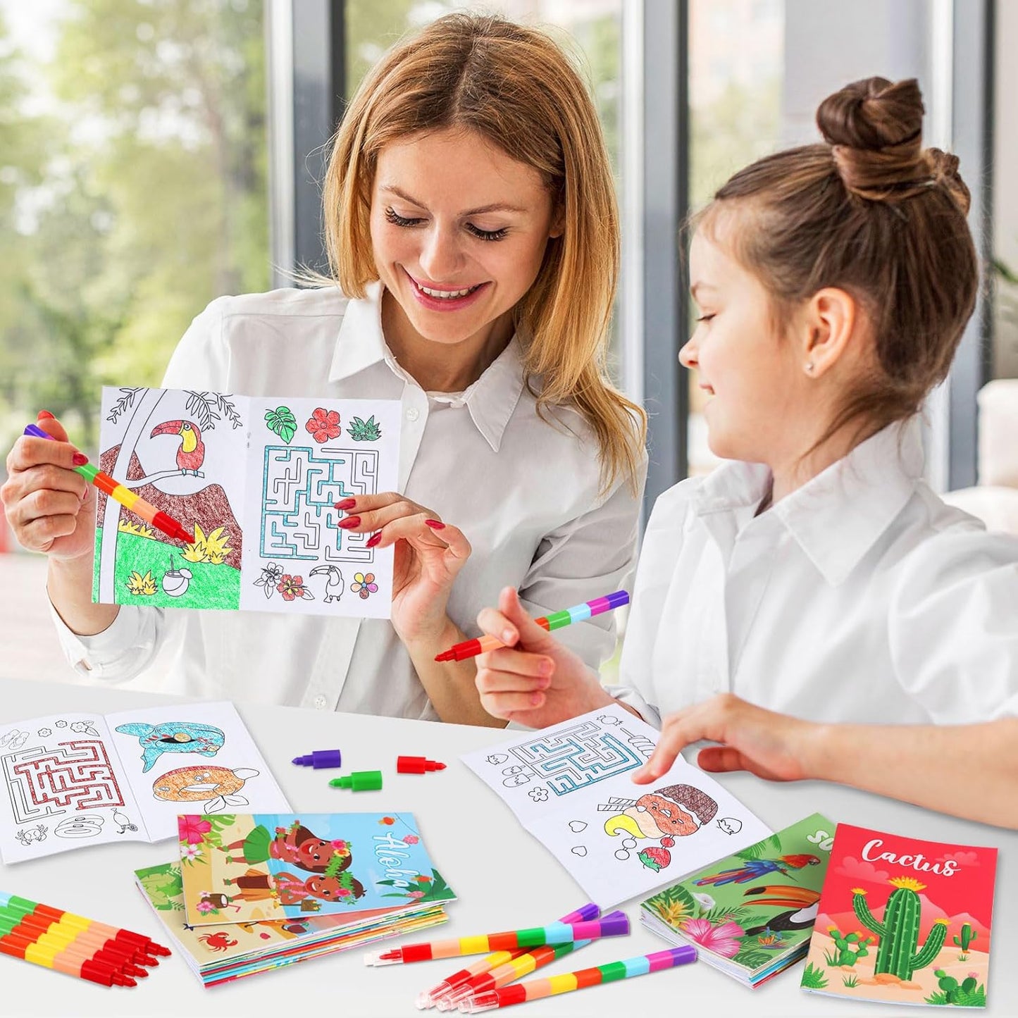 BenLouis 12 Summer Mini Coloring Books Kids with 12 Stacking Crayons Pool Beach Party Favors Small Activity Books Bulk for Kids Summer Birthday Party Gift Goodie Bag Stuffers