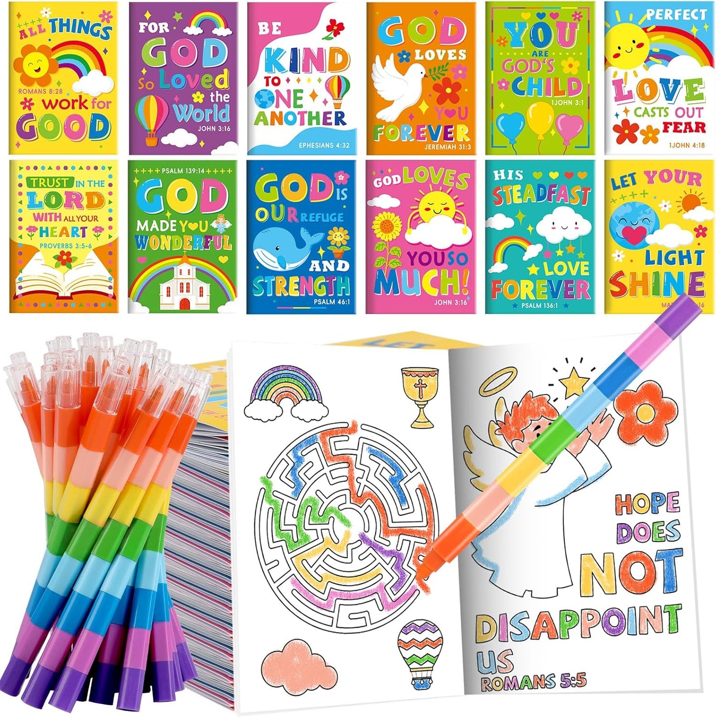 BenLouis 12 Bible Verses Mini Coloring Books Kids with 12 Stacking Crayons Christian Party Favors Small Activity Books Bulk for Kids Sunday School Religious Church Party Gift Goodie Bag Stuffers