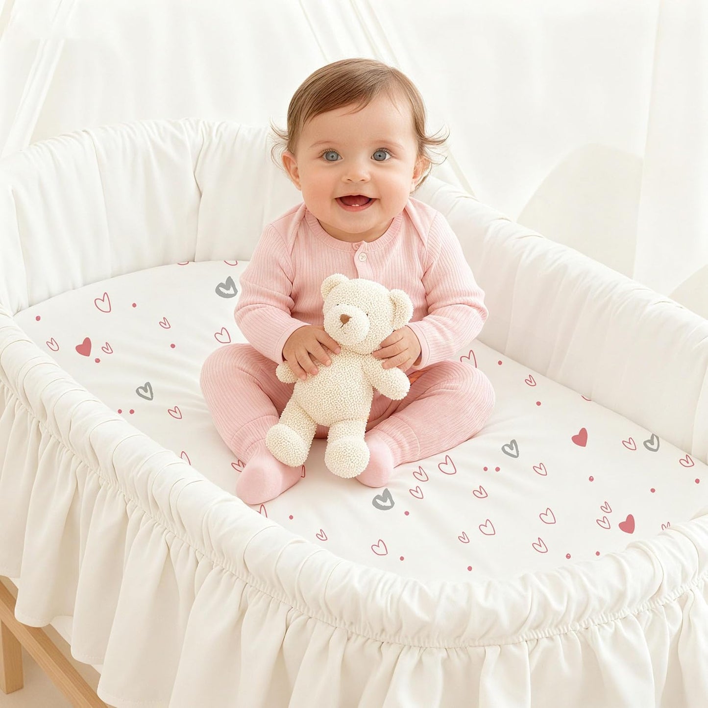 Bassinet Sheets for Baby Girl 32 * 16, 3 Pack Soft Breathable Baby Bassinet Mattress Sheets Fit for Hourglass Oval Cradle, Moses Basket Rectangle Mattress (Rainbow, Pink)