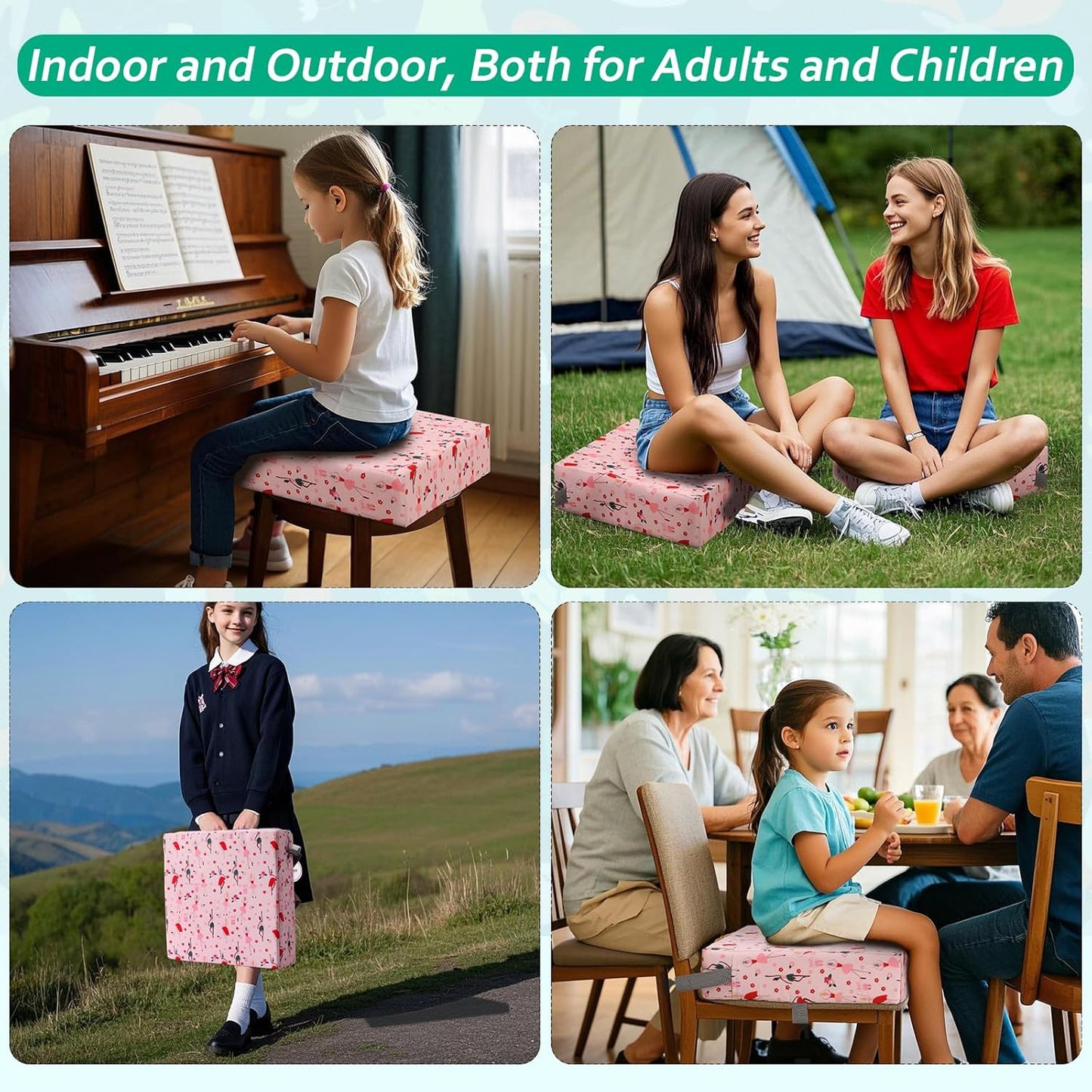 Zicac Portable Toddler Booster Seat for Dining Table, Safer Non-Slip Kids Booster Seat with Double Adjustable Straps, Washable Detachable Strong Support Increasing Cushion for Child (Pink)