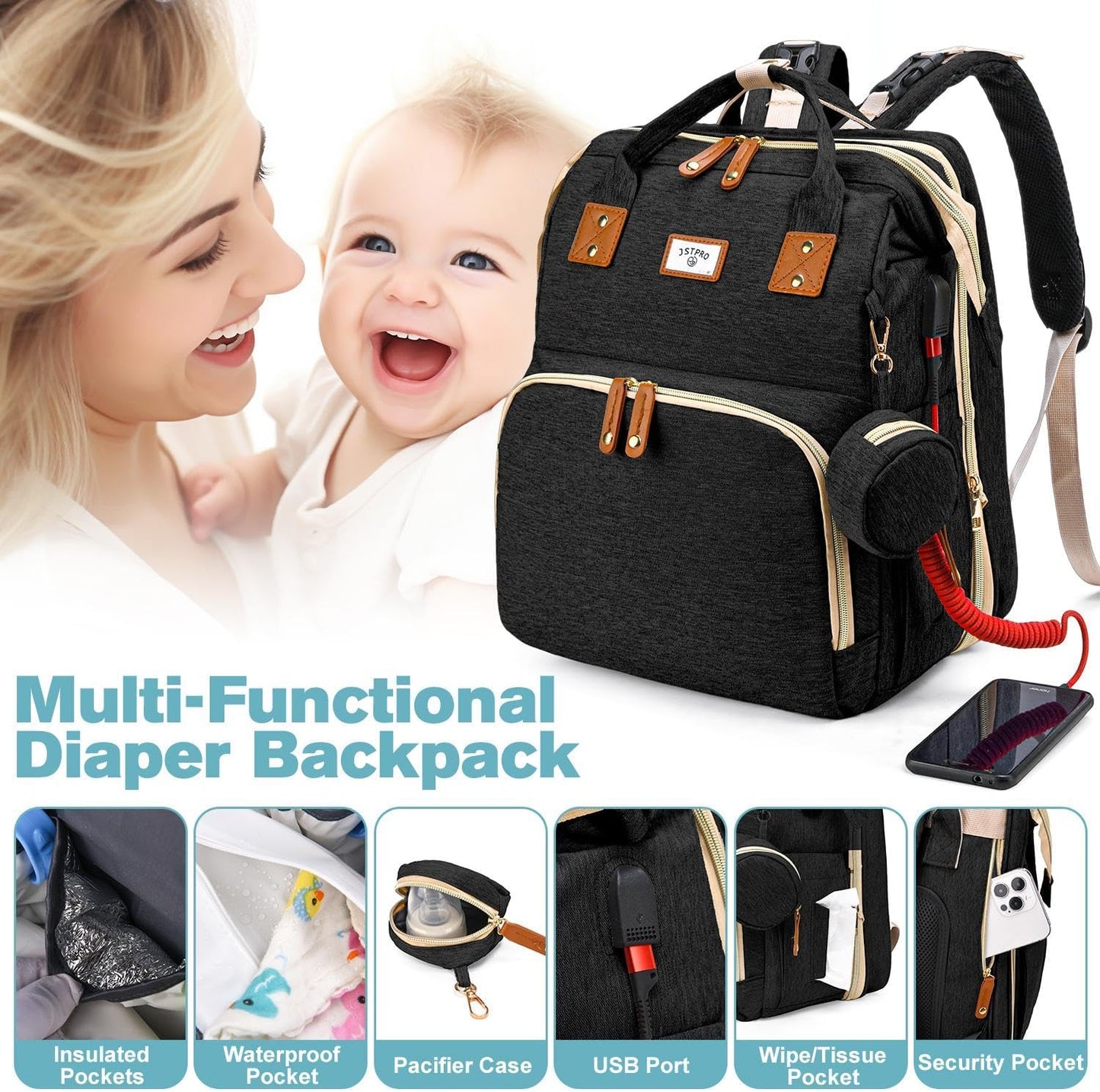 Diaper Bag Backpack, Large Waterproof Lightweight Diaper Bag with Changing Station, Insulated Pockets, USB Port & Stroller Straps, Travel Baby Bag for Mom and Dad, Baby Shower Gifts (Black)