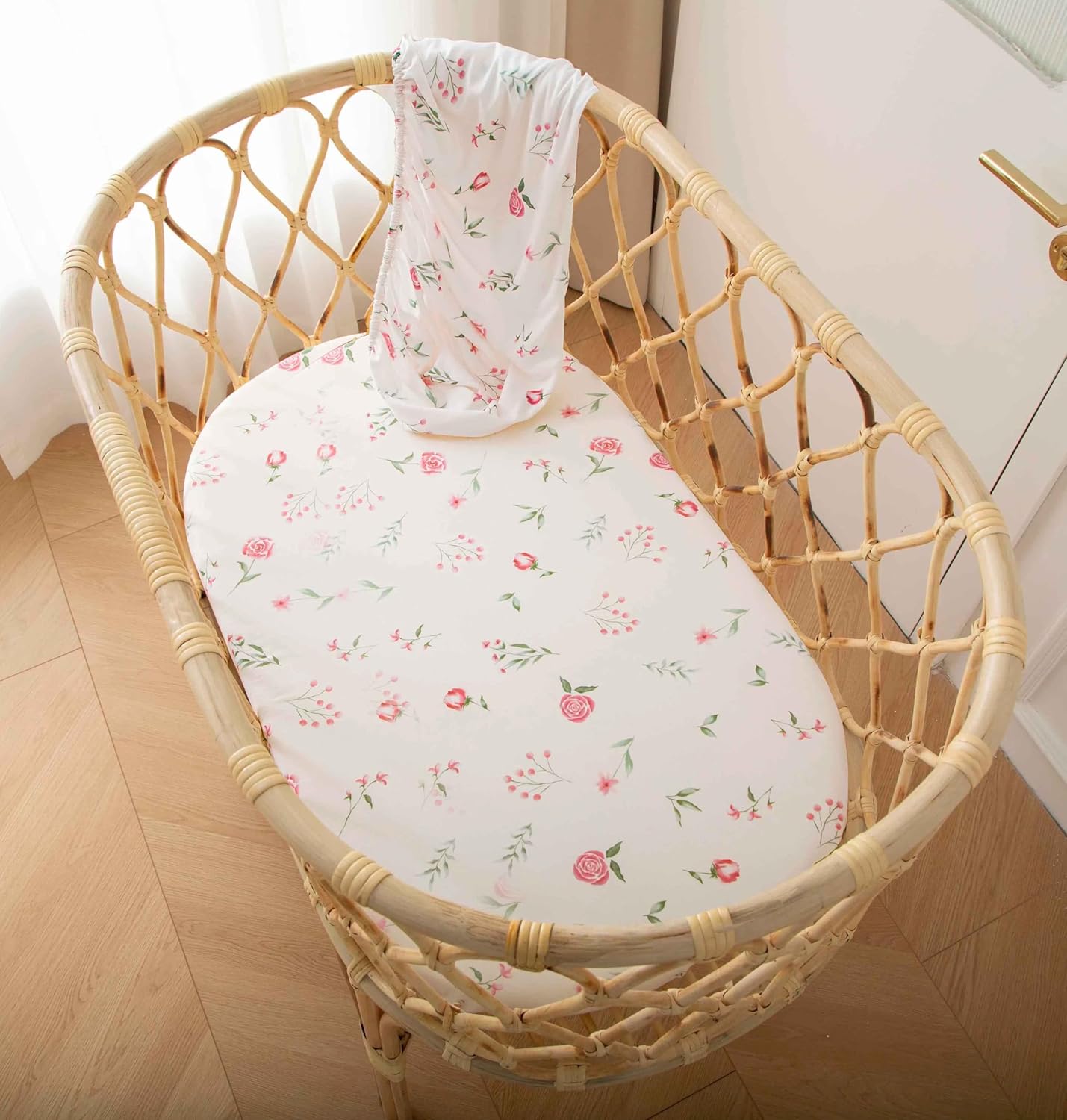 SDY Soft Bassinet Sheets,Pink Rose Bassinet Fitted Sheets for Boys Girls Set 2 Pack,Universal Fit for Rectangle, Round, Oval, Hourglass Mattress Set 32 * 16 * 4 inches (Floral,Pink Rose)