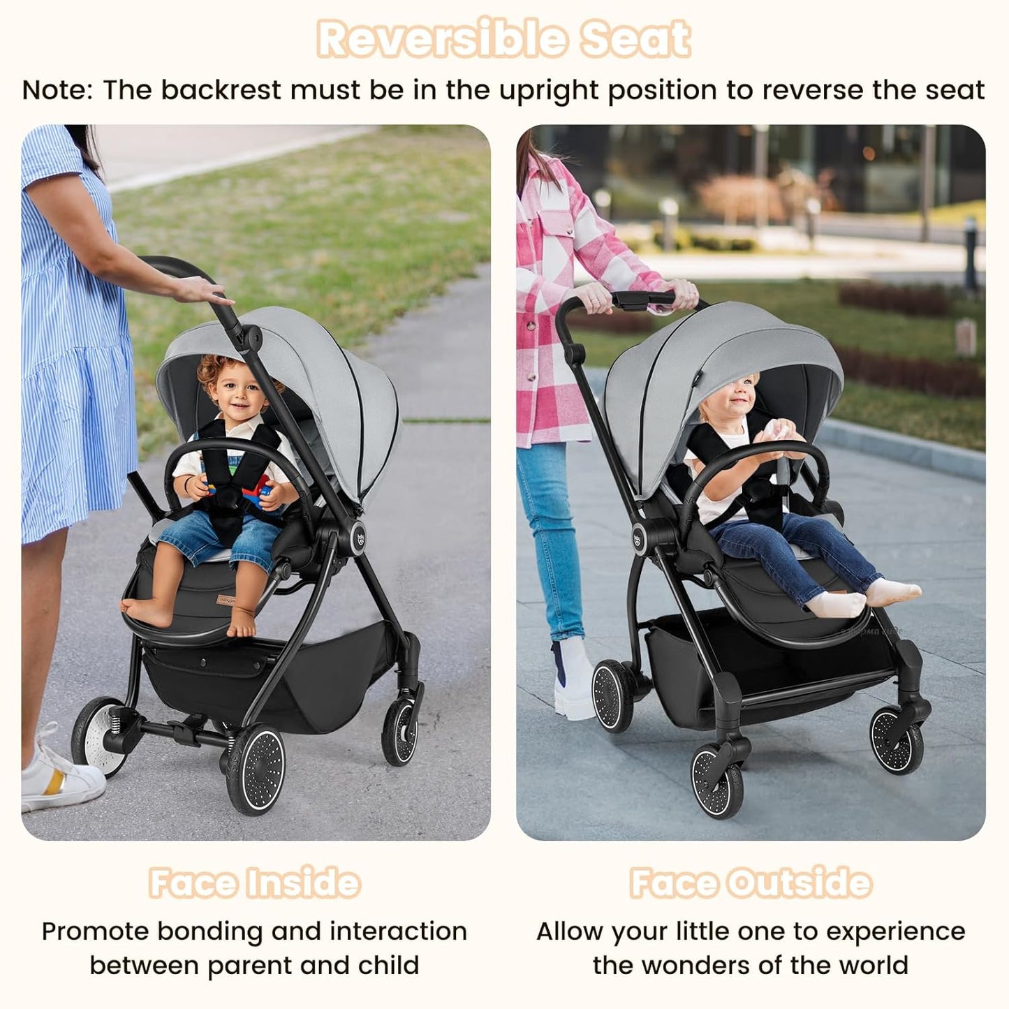 BABY JOY Baby Stroller, Foldable Toddler Stroller with Reversible Seat, Adjustable Backrest/Canopy/Handle/Footrest, Storage Basket, Suspension Wheels, Aluminum Frame (Gray)