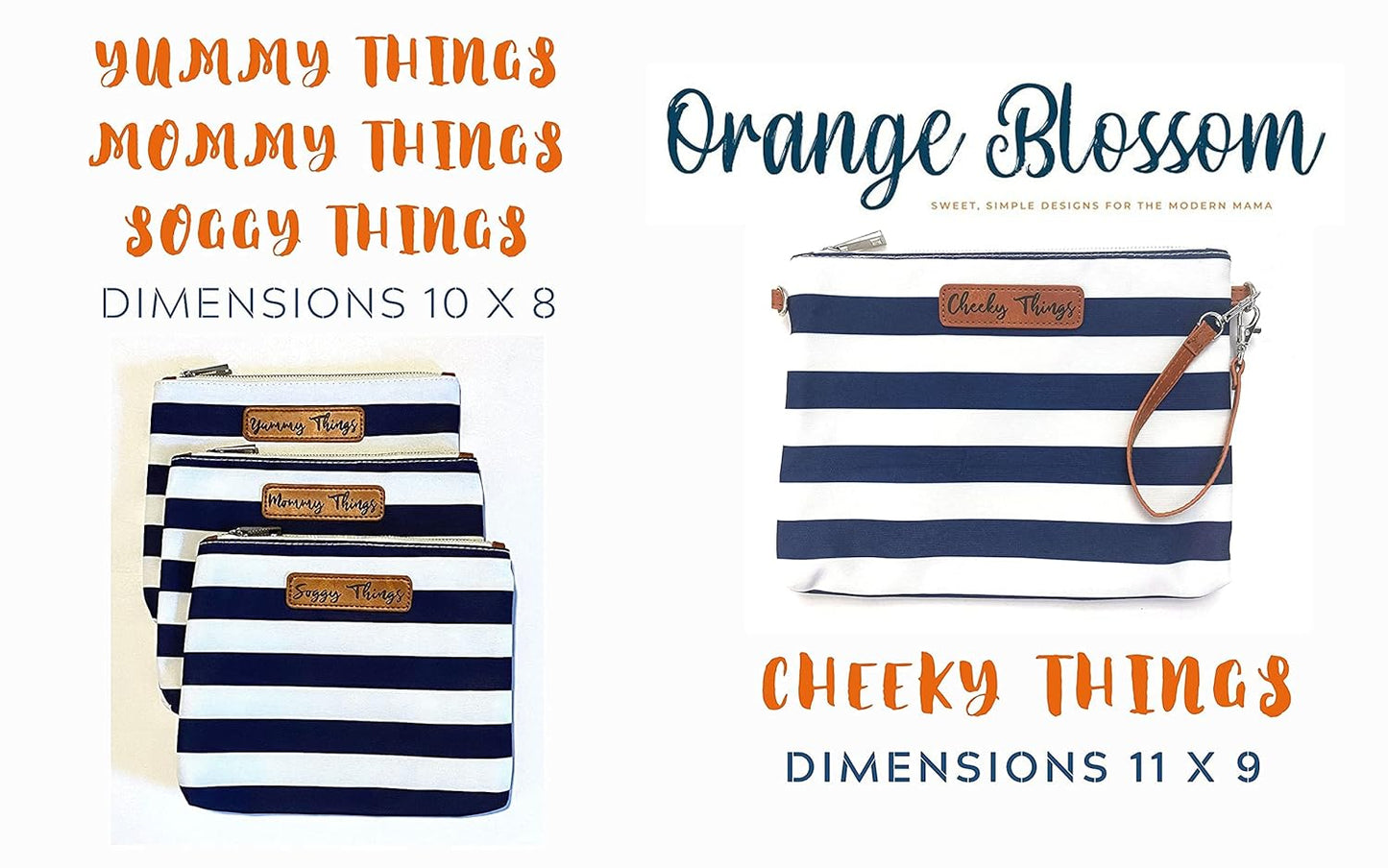 Stylish Diaper Bag Organizing Pouches - XL Set of 4 Navy and White Striped Canvas Diaper Bag Pouches with Leather Embossed Labels, Leather Wristlet Strap & Durable Metal Zippers