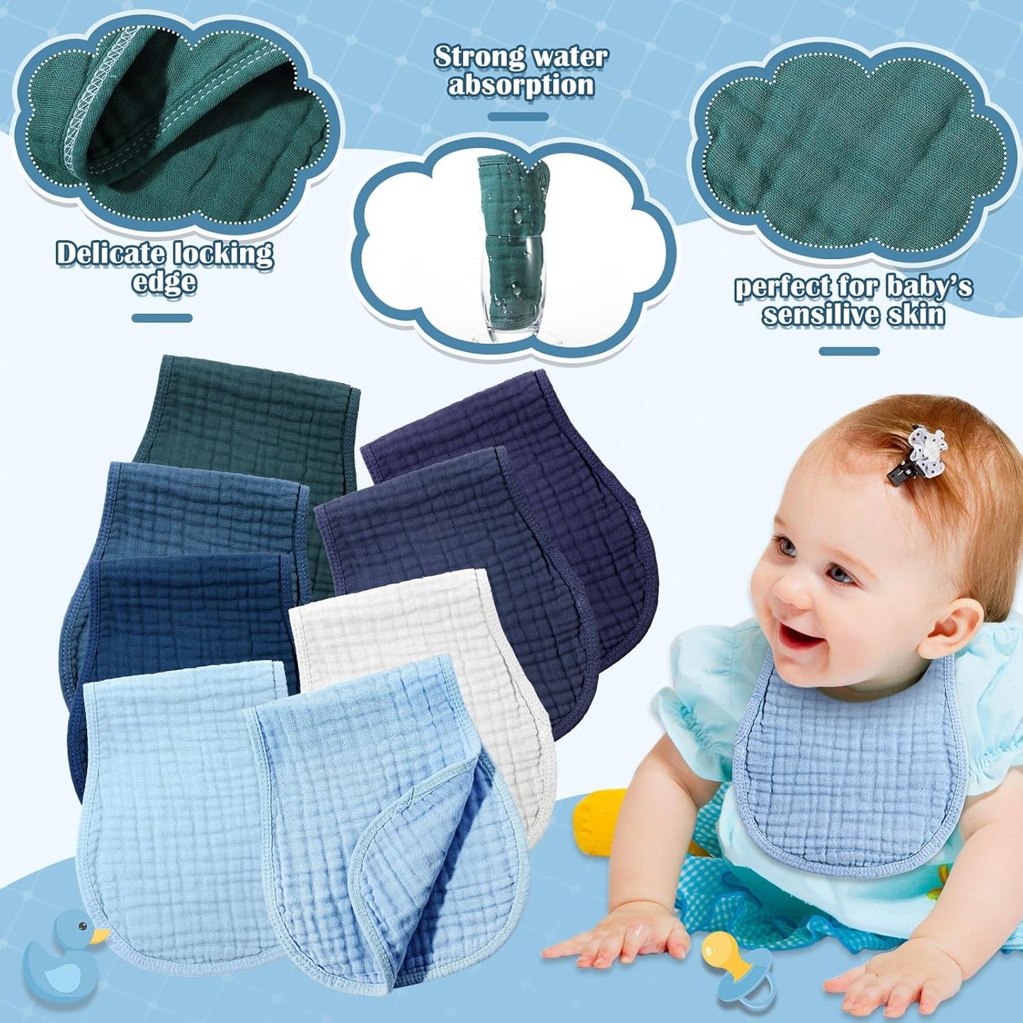 Frienda 8 Pieces Muslin Burp Cloths for Baby Cotton Burp Cloth 10 x 20 Inches Multi Colors Muslin Washcloths Diapers 4 Absorbent Layers Newborn Face Towels for Baby Boy Girl Unisex (Blue Series)