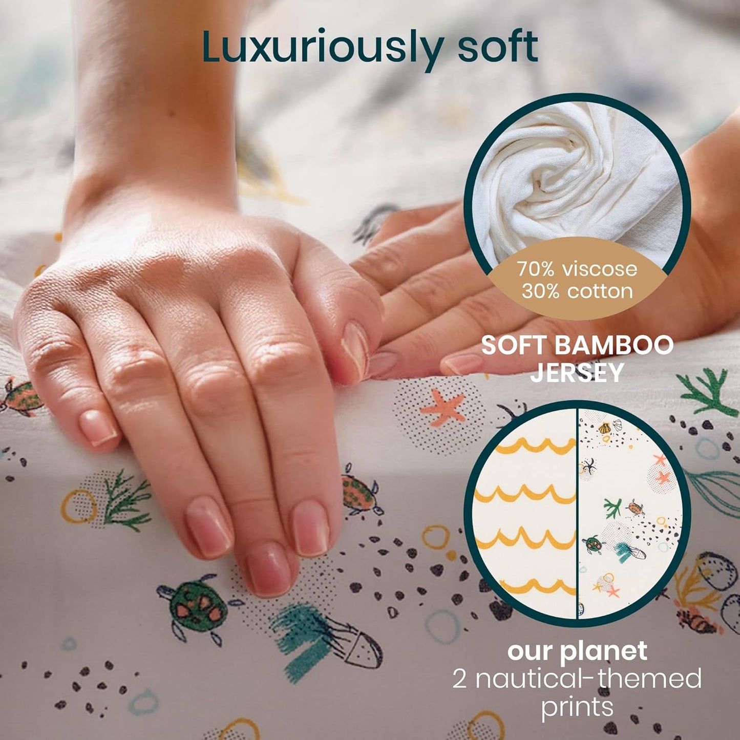 Tutti Bambini Premium Bassinet Sheets (2 Pack) - Soft & Breathable Bamboo Jersey, Double-Strength Bedside Sleeper Sheets, Fits Mattresses from 20.8 x 31.5 in to 23.6 x 35.4 in (Our Planet)