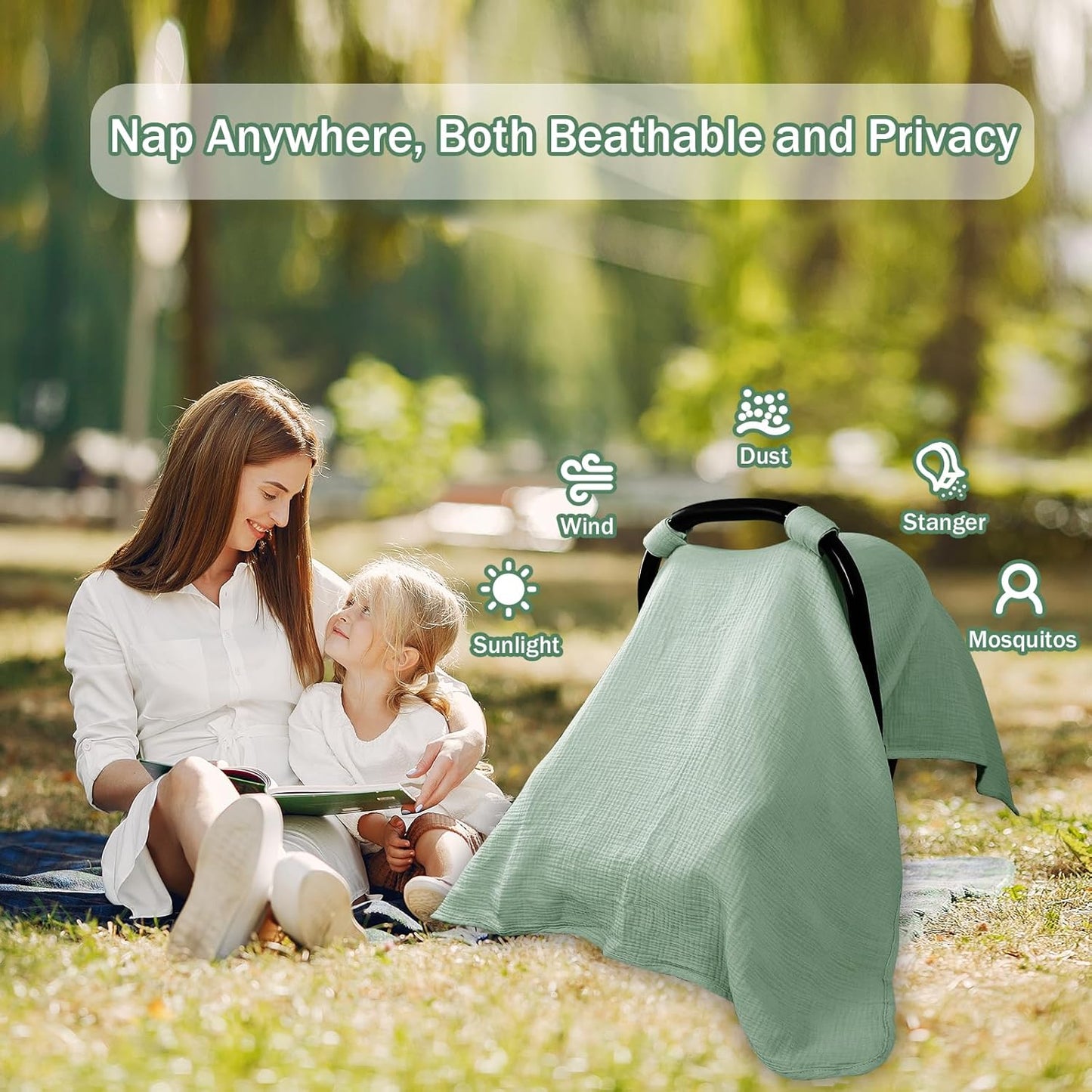 Hooyax 2-in-1 Baby Car Seat Cover & Nursing Cover, 100% Muslin Cotton, Breathable Car Seat Canopy and Privacy Breastfeeding Cover, Green